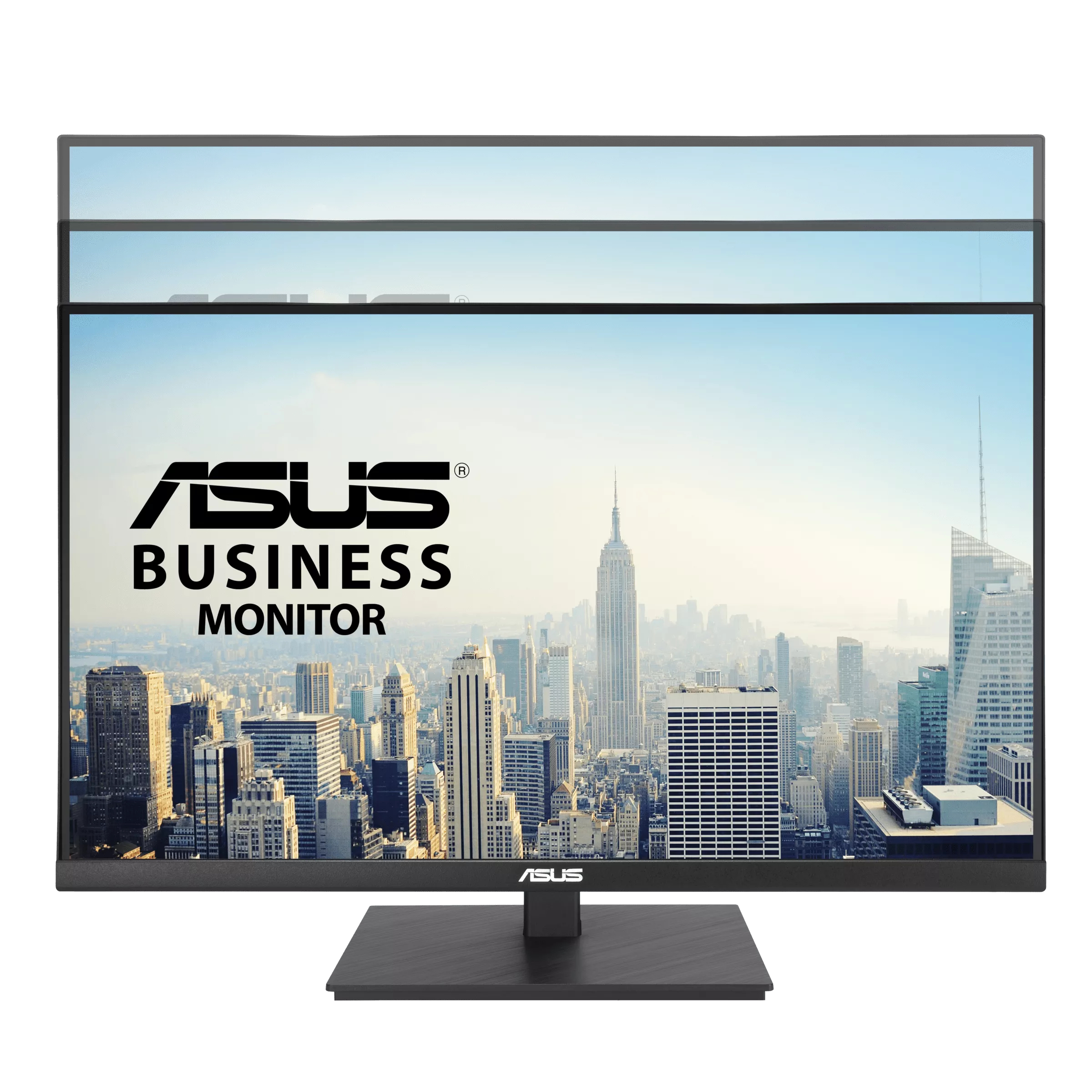 Monitor ASUS Business z panoramą miasta w tle.