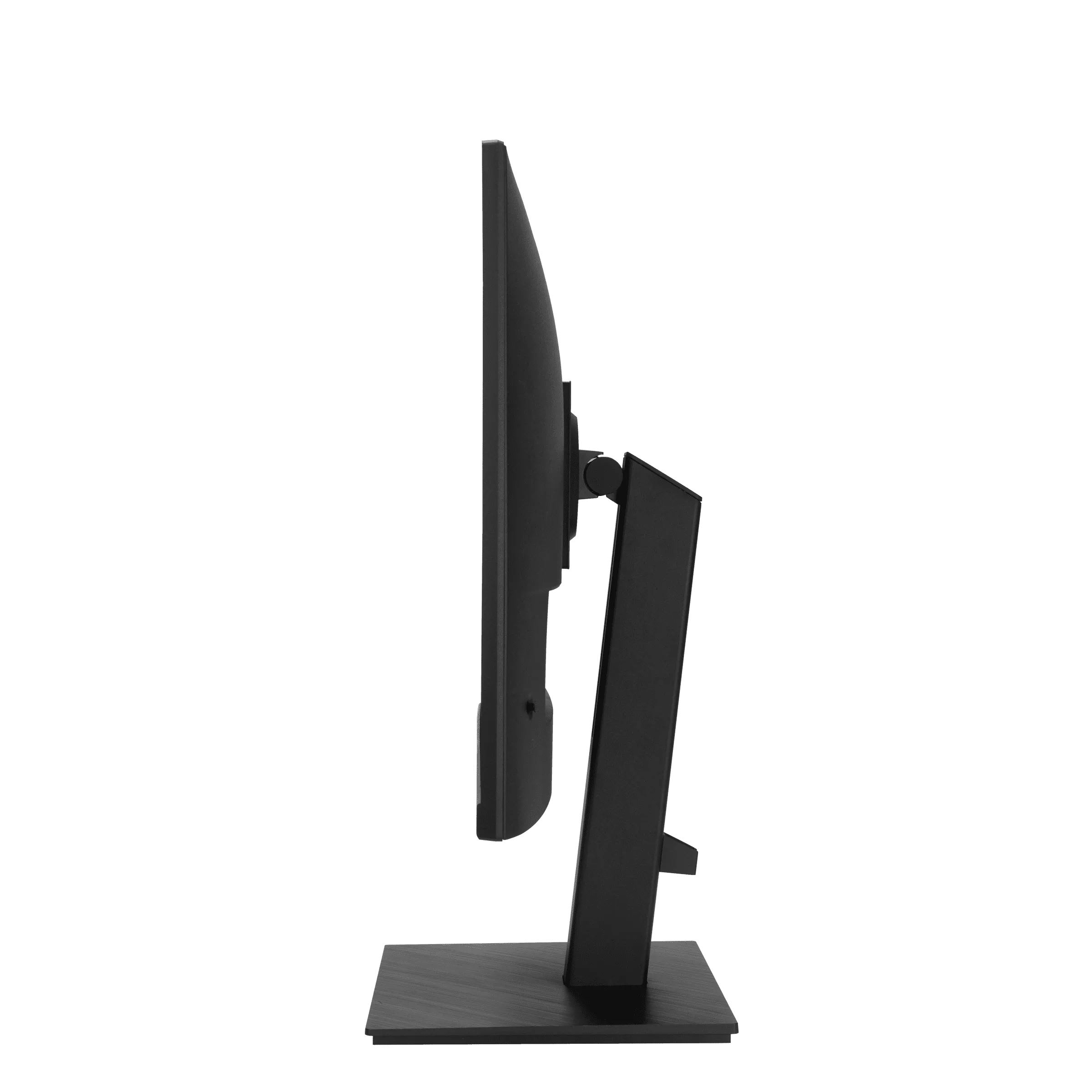 Widok z boku czarnego monitora komputera. Ekran i podstawka są czarne.