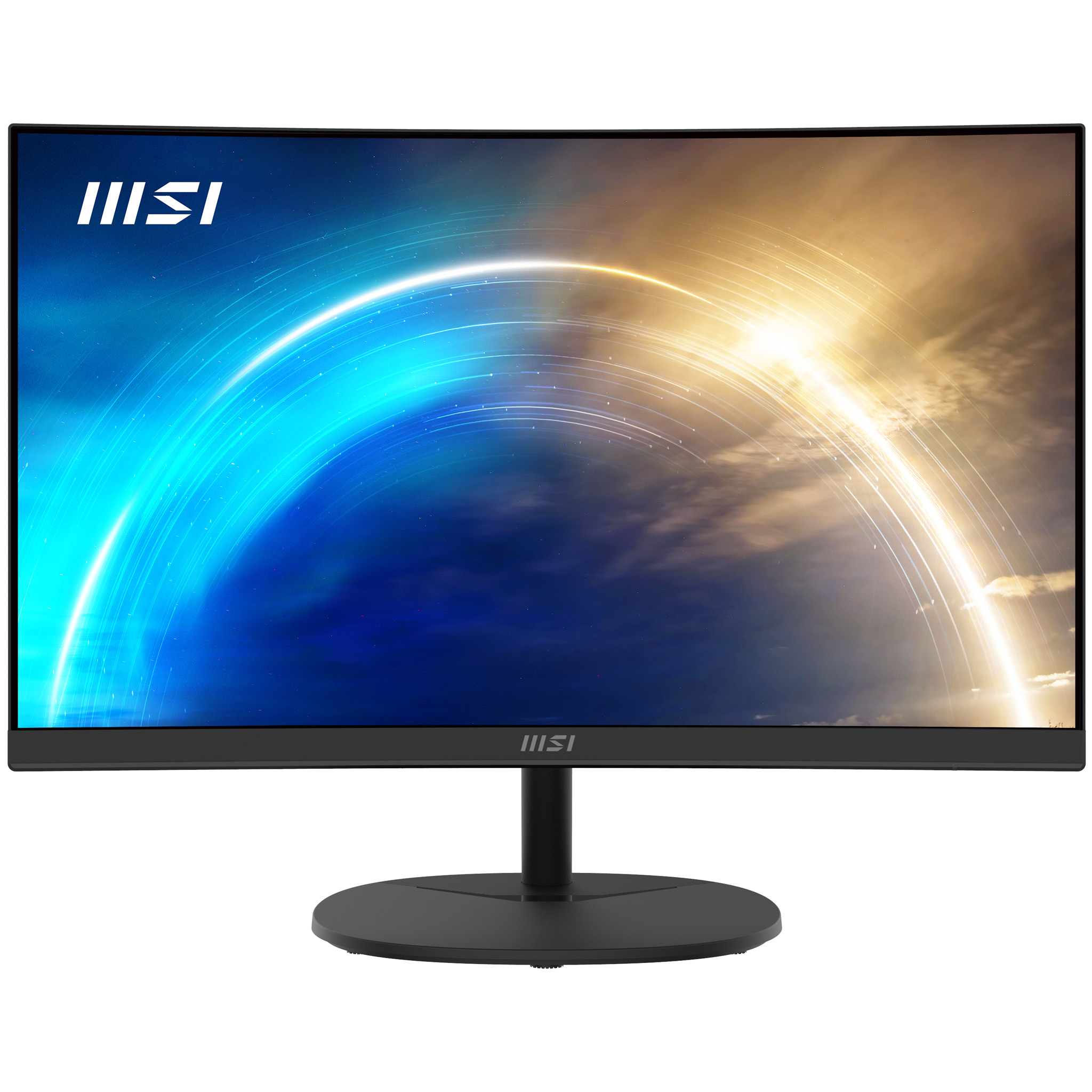 Monitor de computadora negro curvo con fondo abstracto azul y amarillo. Logo MSI visible.
