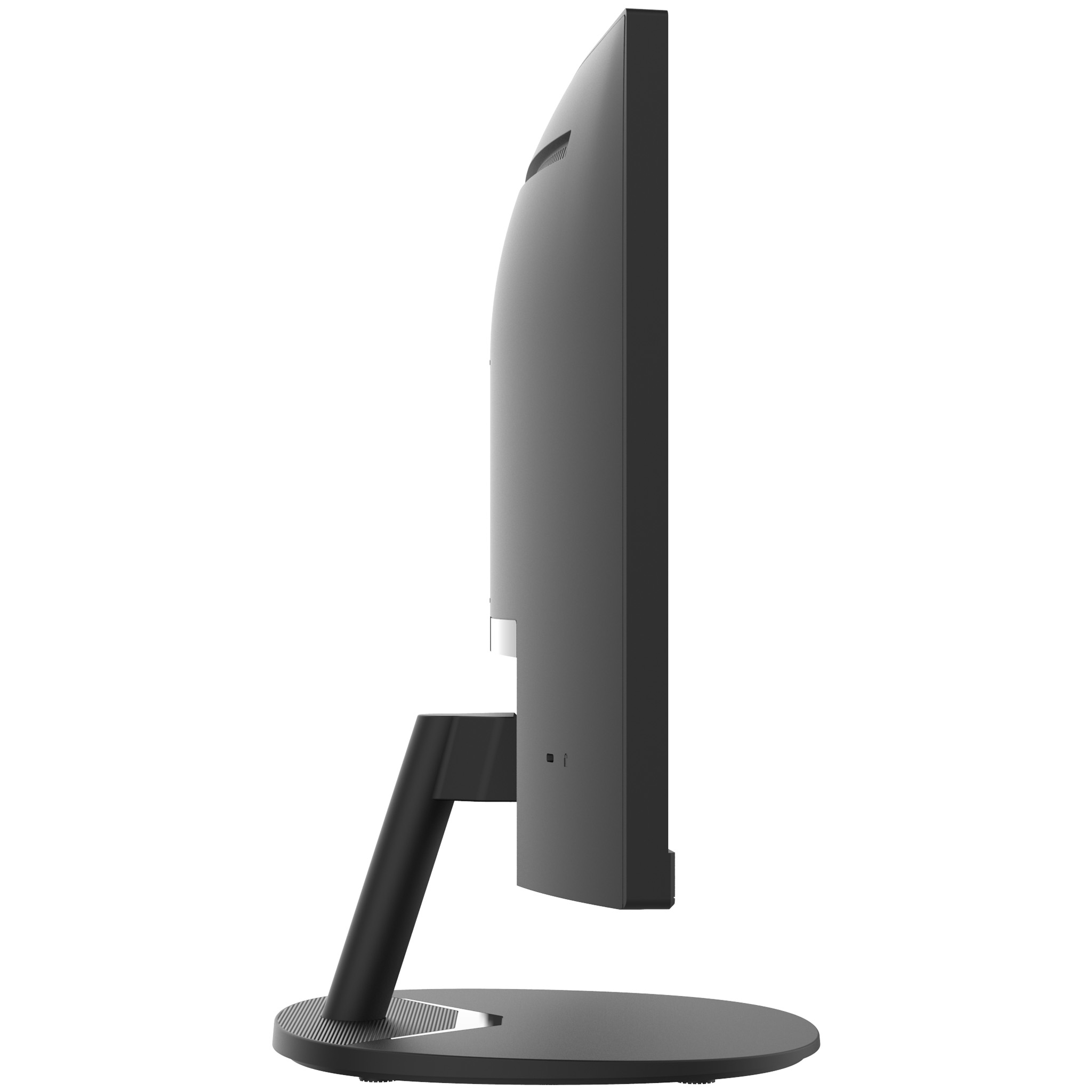 Monitor negro de lado, con base redonda y soporte negro. La pantalla es oscura.