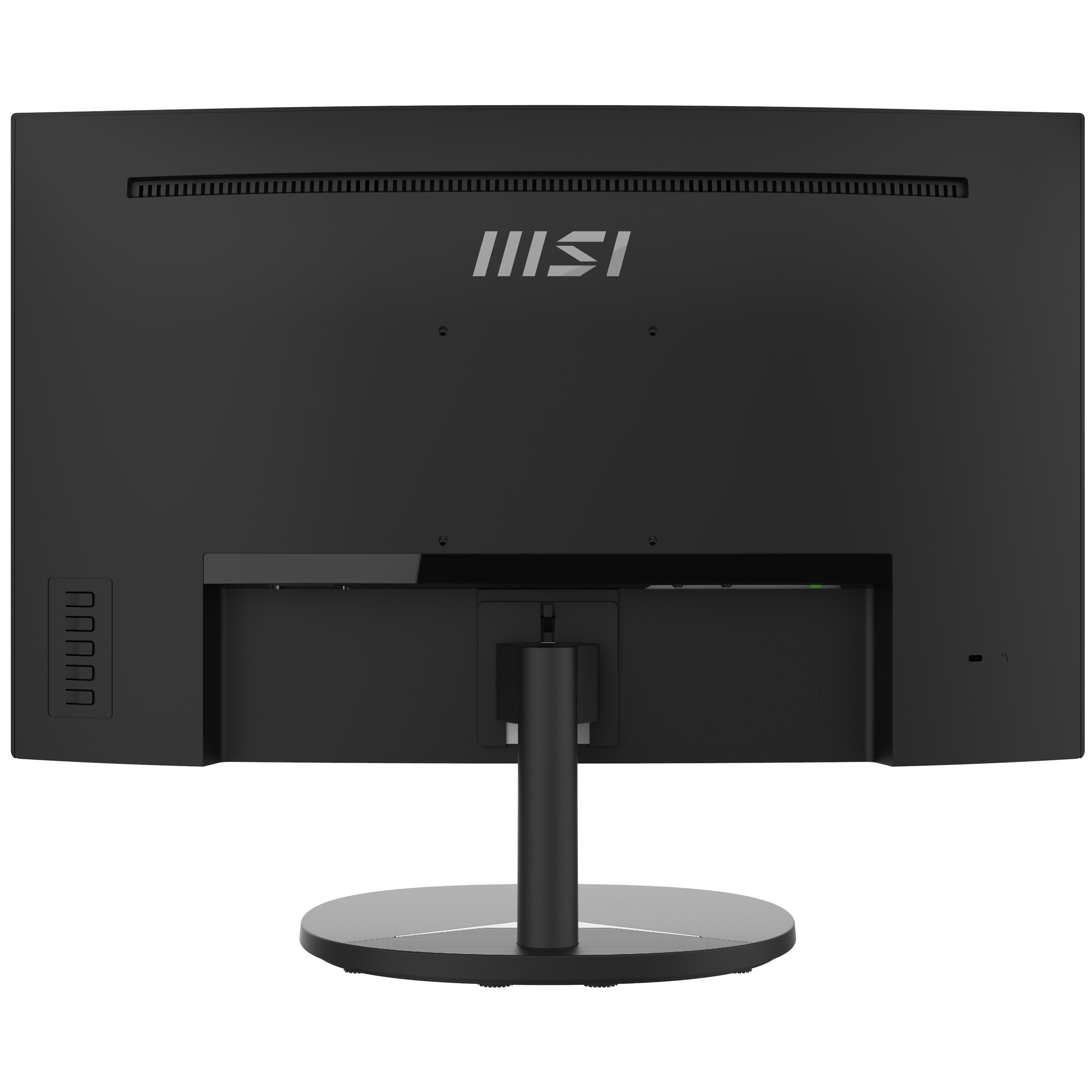 Monitor MSI negro, vista trasera, con soporte.