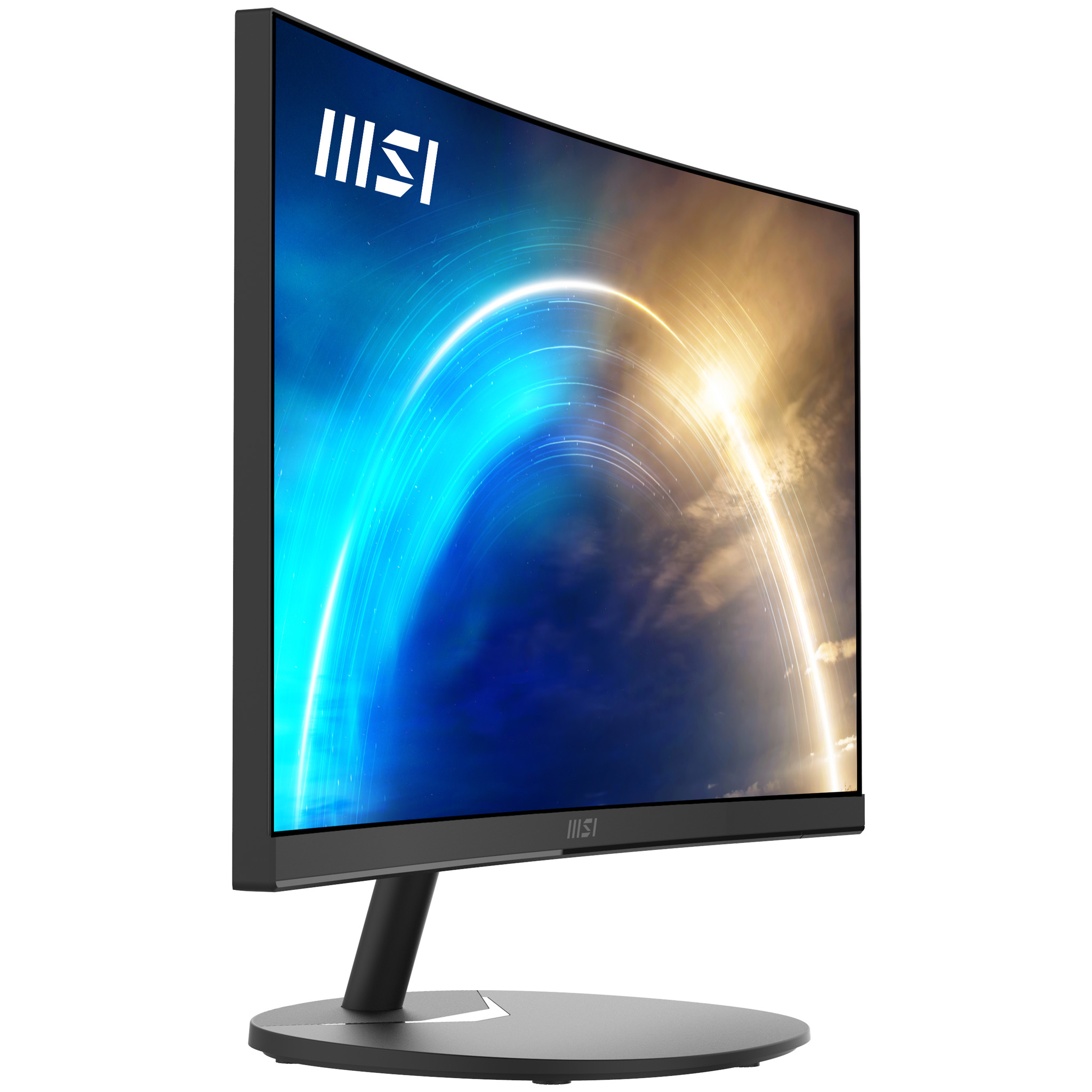 Monitor curvo MSI, vista lateral. La pantalla muestra una imagen abstracta azul y dorada.