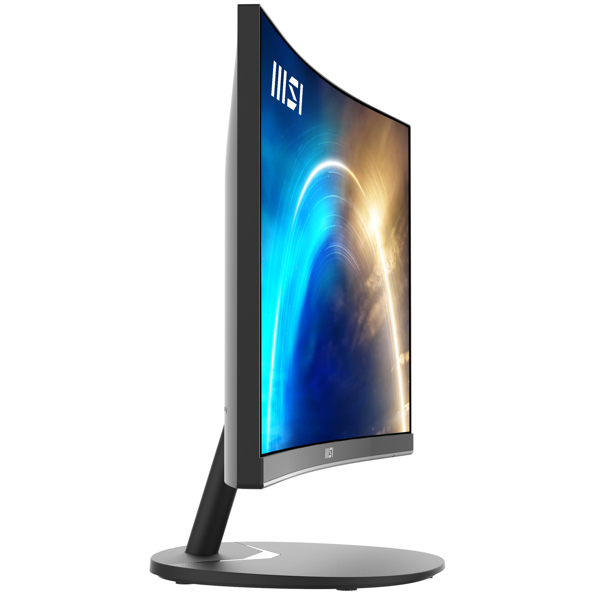 Monitor curvo. La pantalla muestra arte abstracto azul y dorado, con el logo de MSI.