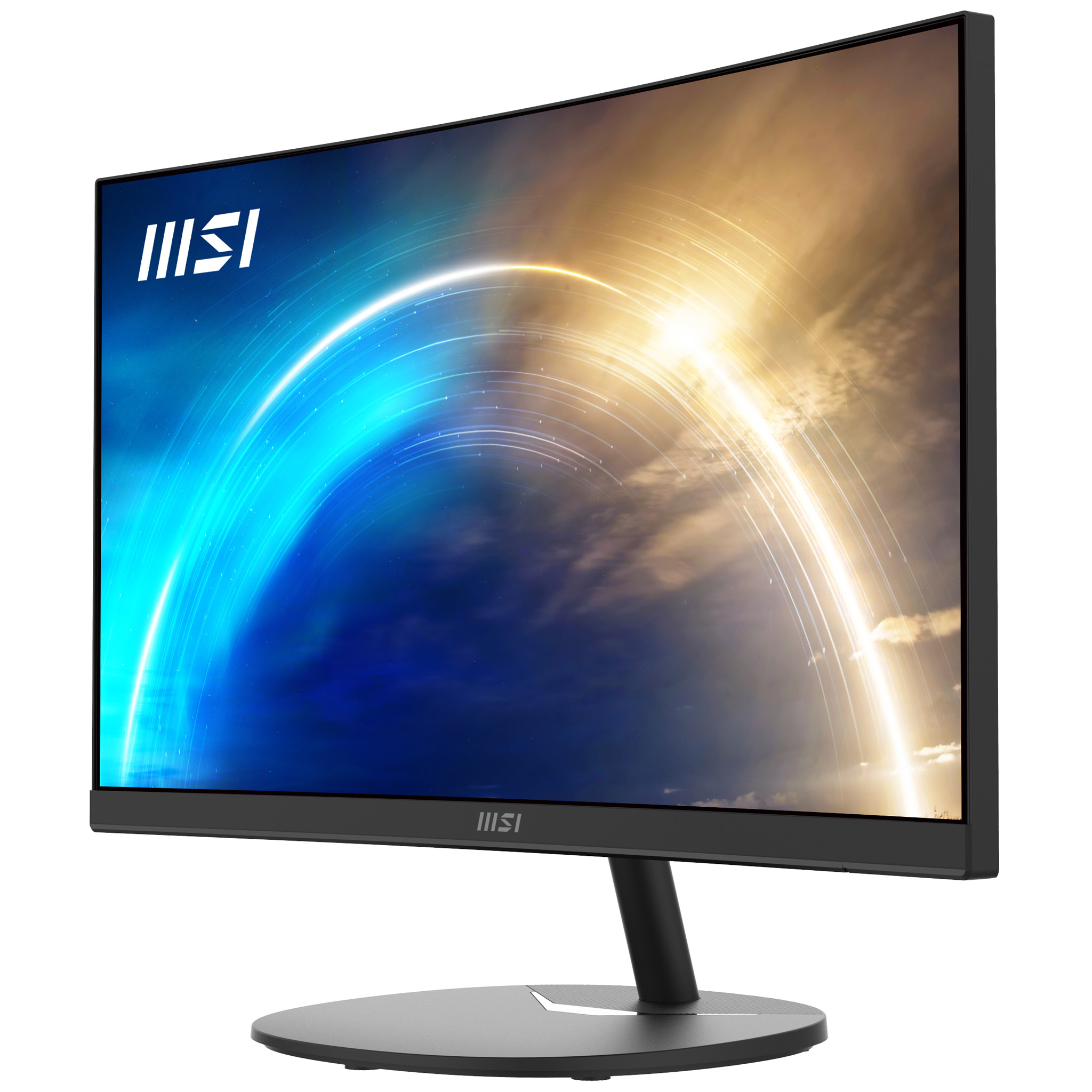 Un monitor MSI curvo, mostrando un fondo abstracto azul y dorado, sobre fondo blanco.
