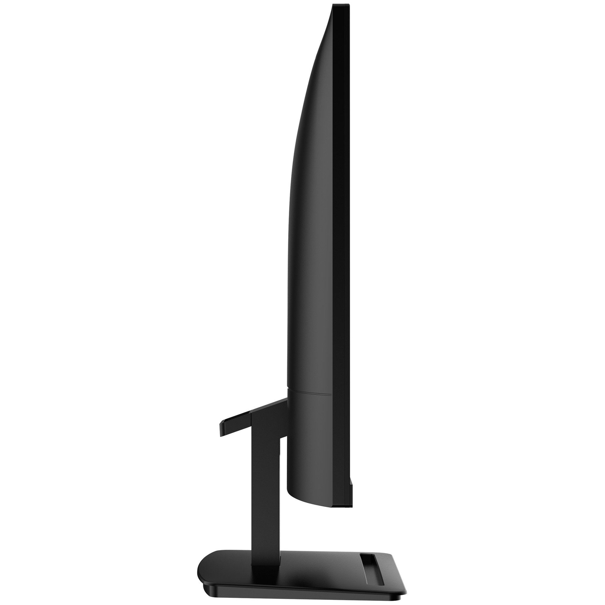 Black computer monitor, side view. It has a stand and is on a white surface.