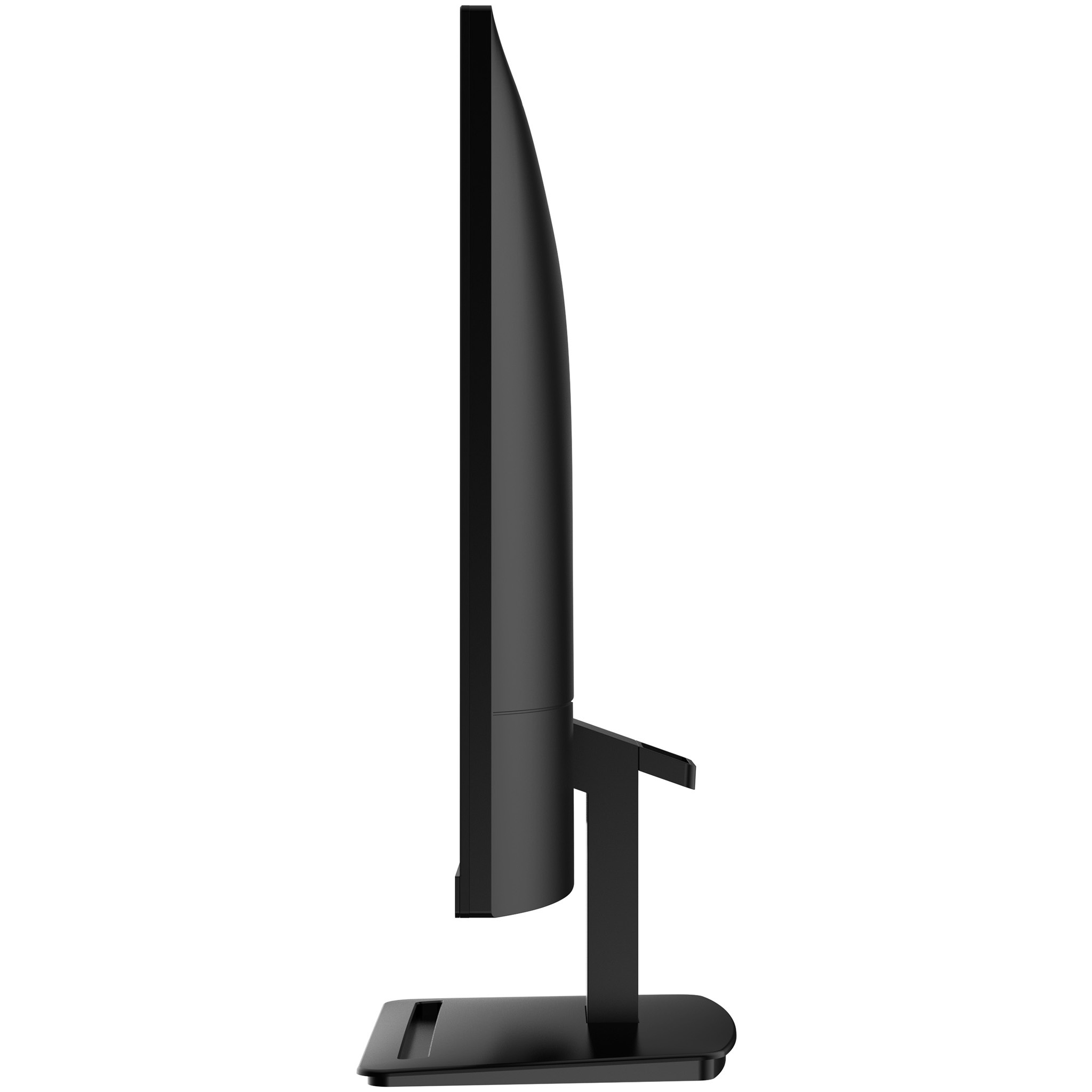 Side view of a black computer monitor with a black stand. The screen is black.