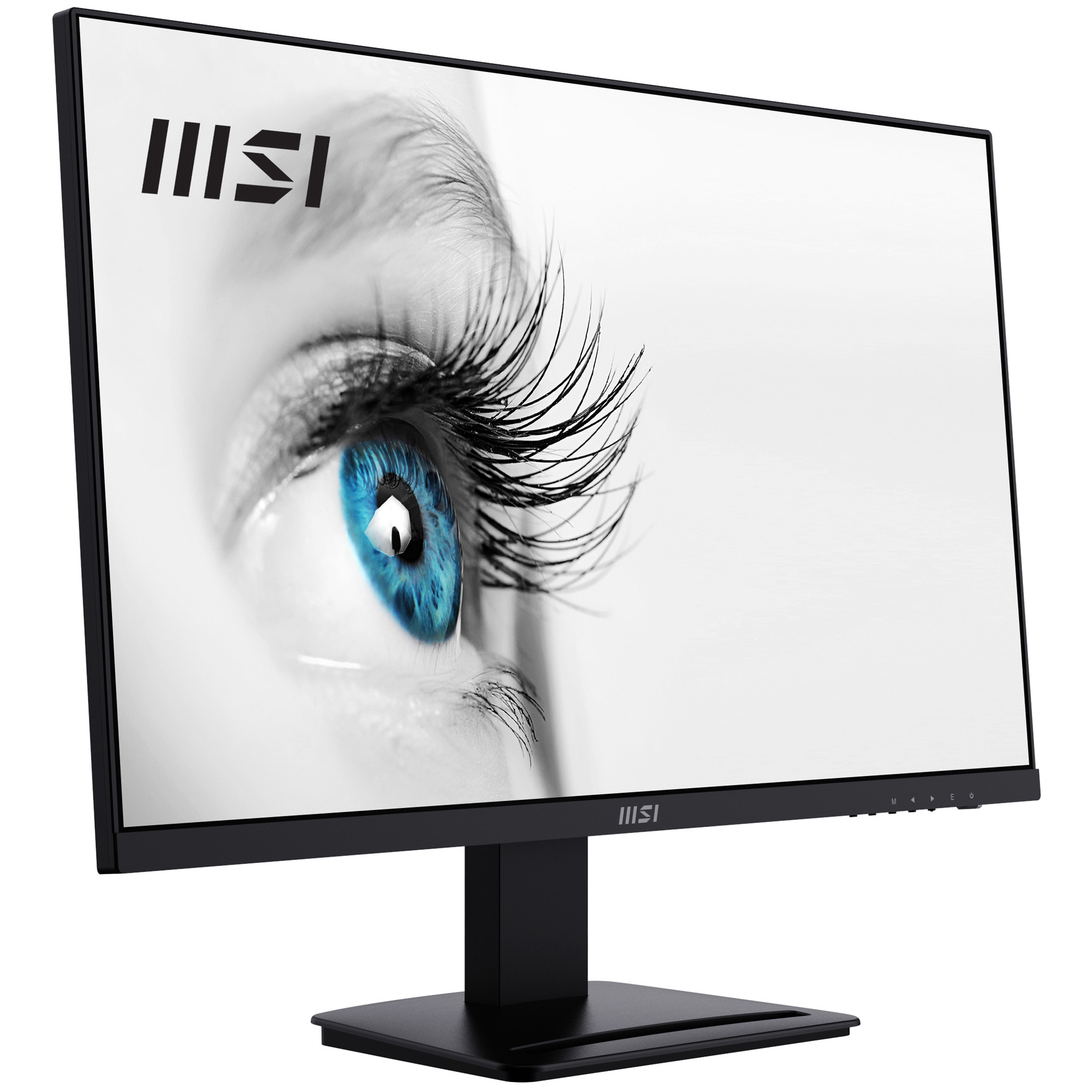 MSI monitor with eye graphic on screen; black stand and frame.