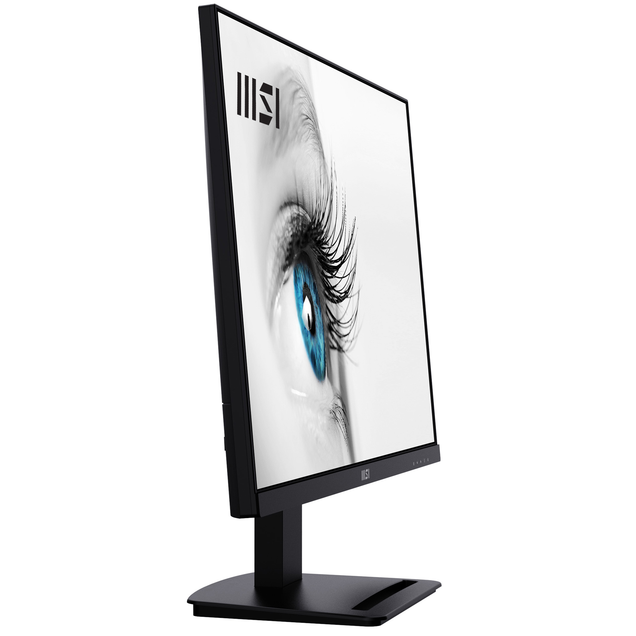 Black computer monitor angled view. The screen displays a close-up of a blue eye. MSI logo is visible.