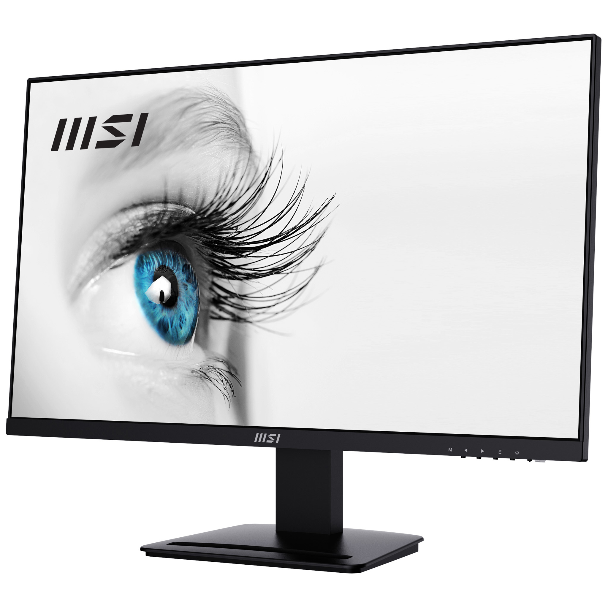 A computer monitor with a close-up of a blue eye and a black stand.