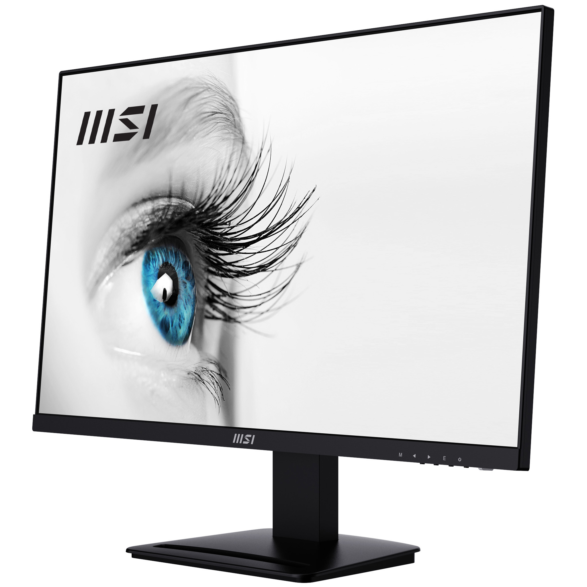 A black MSI monitor displaying a close-up of a blue eye with long eyelashes.