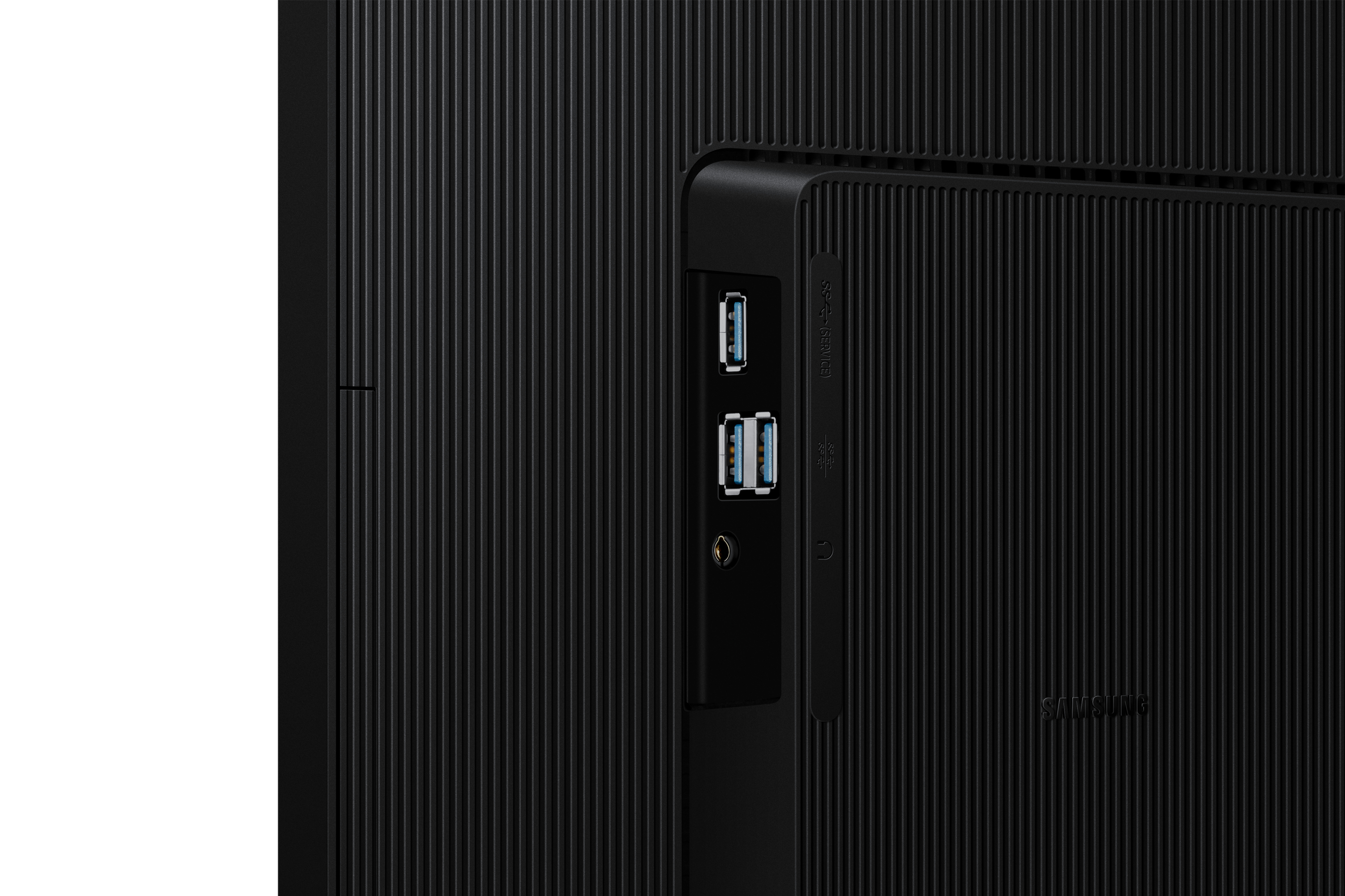 Tył monitora Samsung z różnymi portami, w tym USB i wyjściem audio.