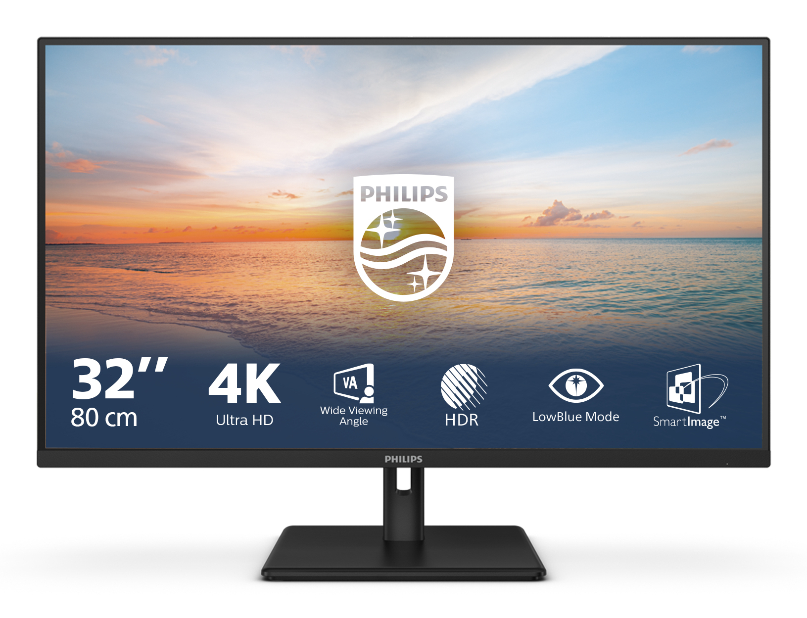 32-calowy monitor Philips wyświetla scenę plażową. Ma ikony funkcji, takich jak HDR i tryb niskiej emisji niebieskiego światła.