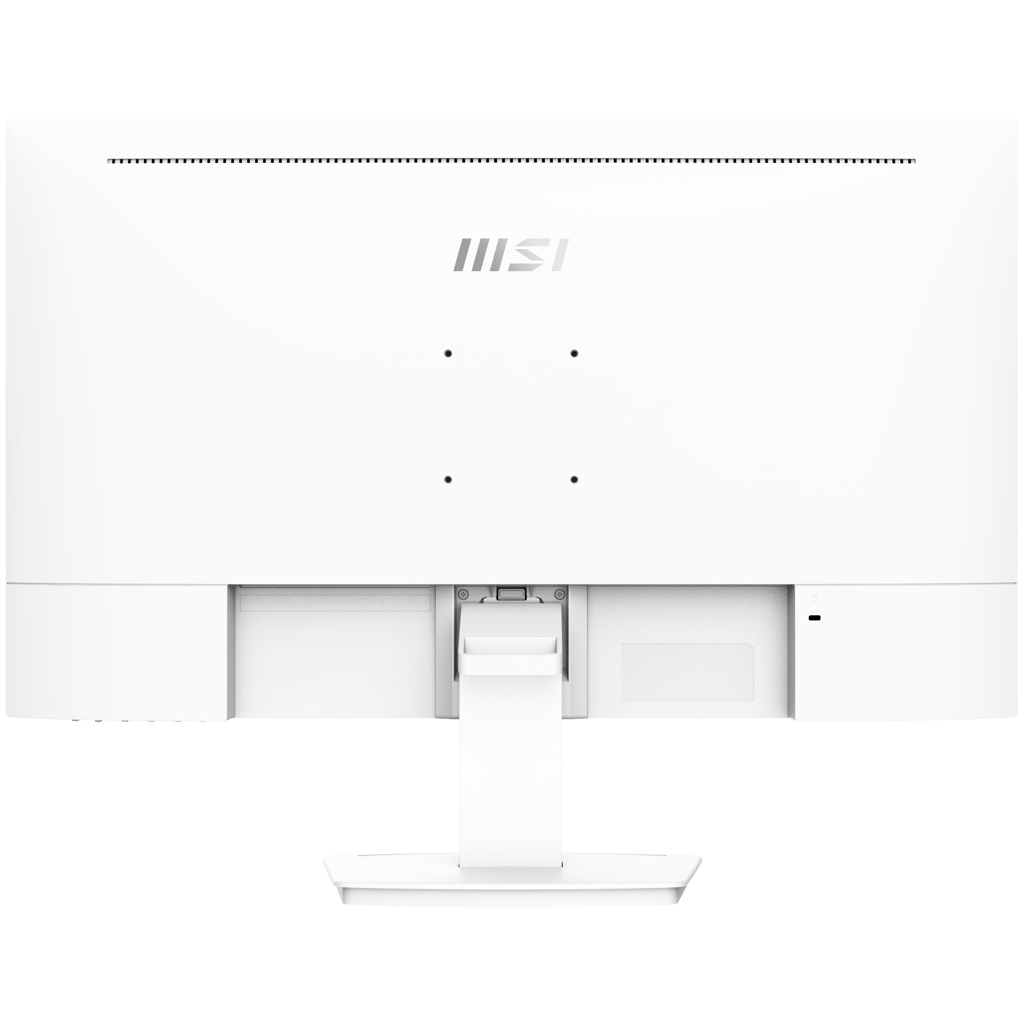 Vista trasera del monitor de computadora blanco. Los puertos son visibles. Fondo blanco.