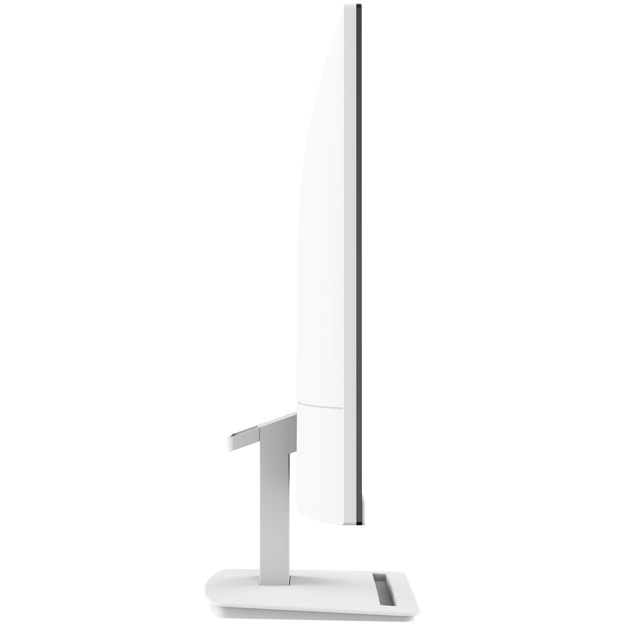 Monitor de ordenador blanco. Vista lateral muestra pantalla y soporte delgados.