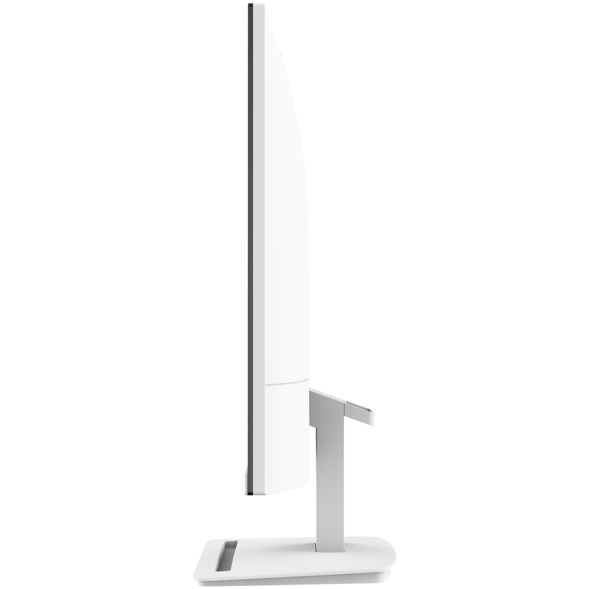 Un monitor de computadora blanco desde la vista lateral, sobre fondo blanco.