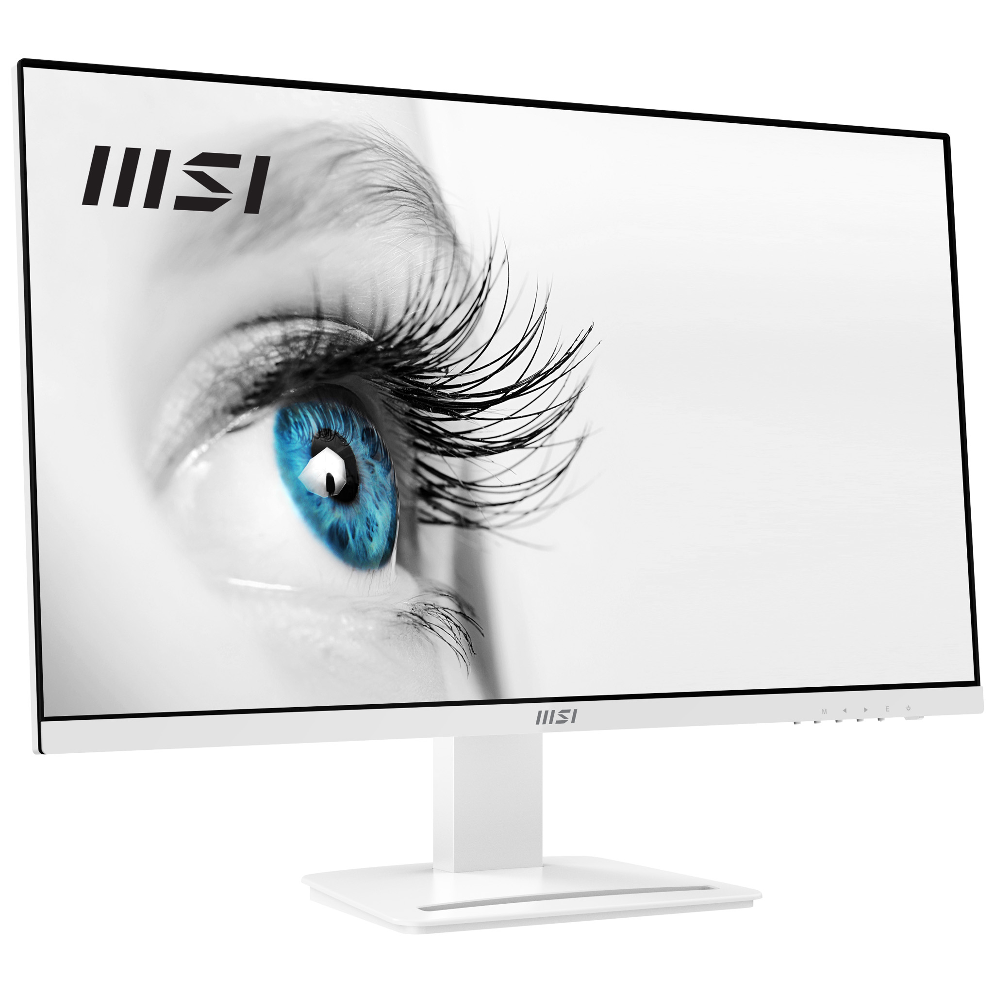 Un monitor MSI blanco que muestra un primer plano de un ojo azul. El fondo es gris.