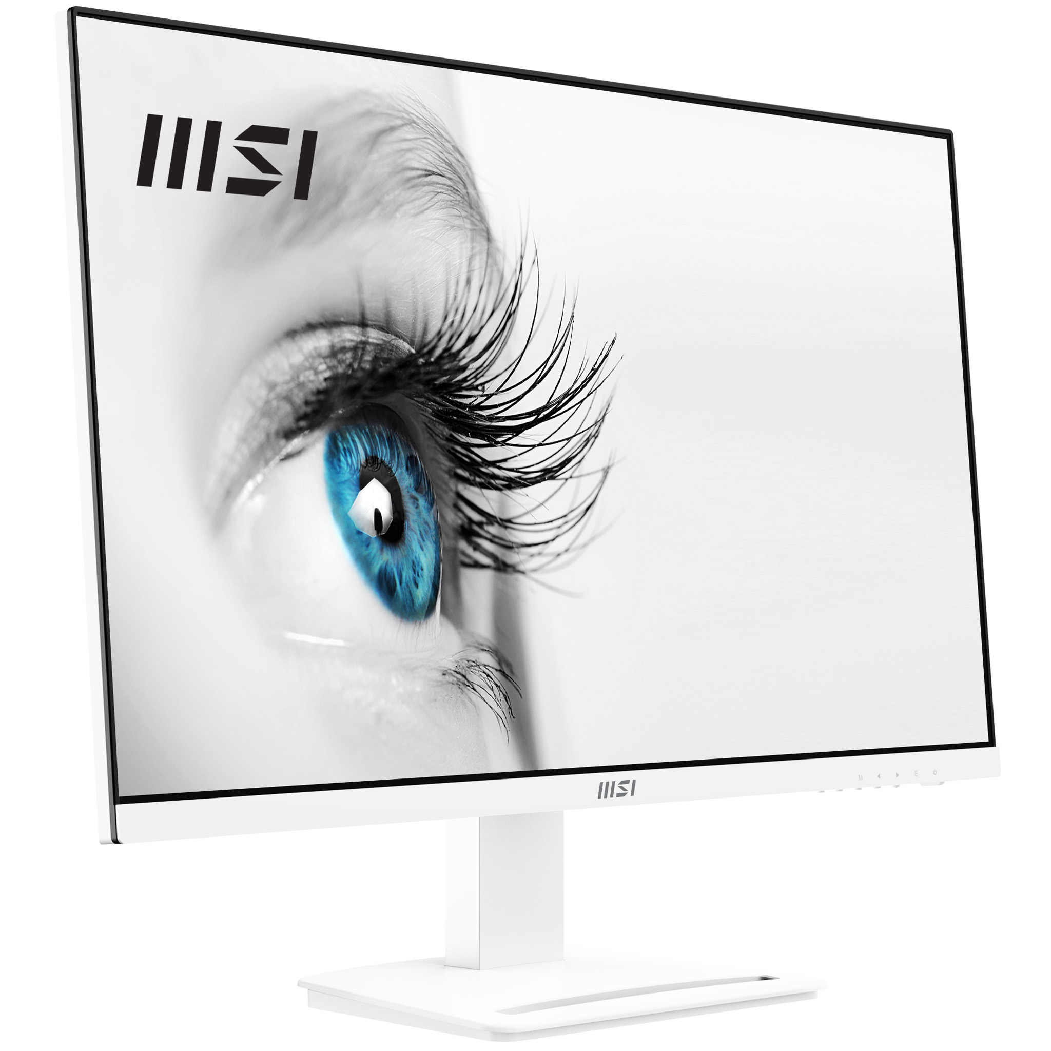 Monitor blanco con primer plano de un ojo en la pantalla. El logotipo es visible.