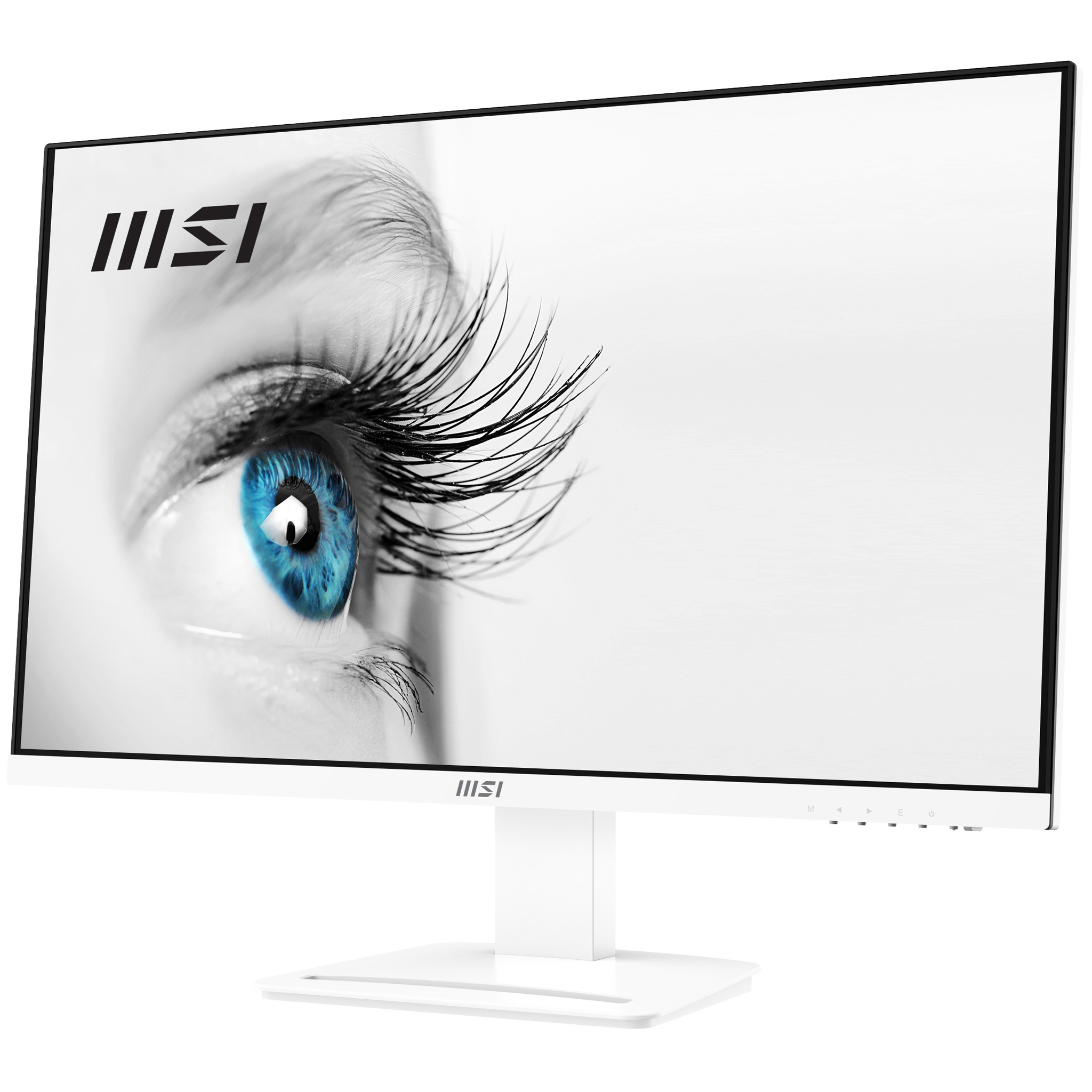 Monitor MSI blanco que muestra un primer plano de un ojo azul. Se ven largas pestañas.