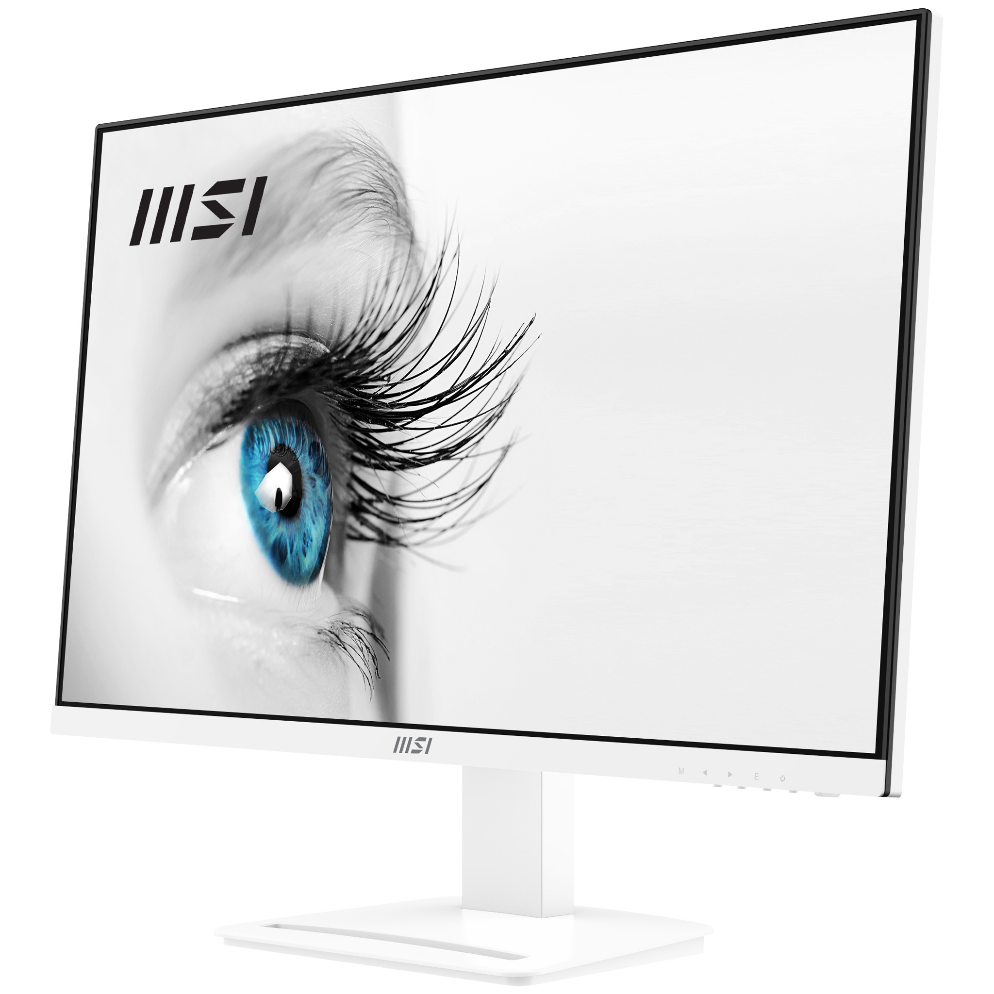 Monitor MSI blanco, vista lateral. Muestra un ojo azul con largas pestañas. Soporte blanco y marco negro.