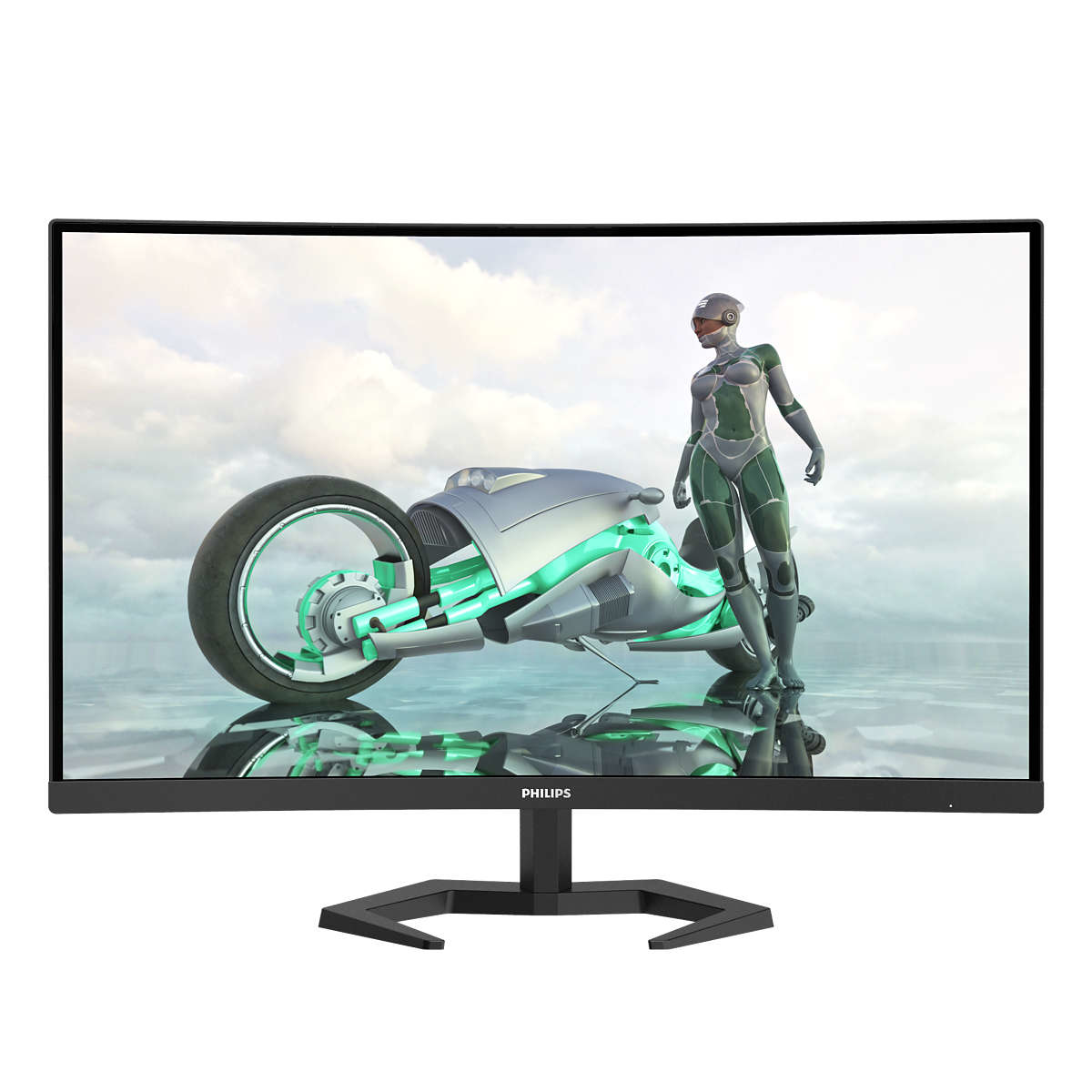 Un monitor curvo que muestra una escena futurista con una motocicleta y una mujer.