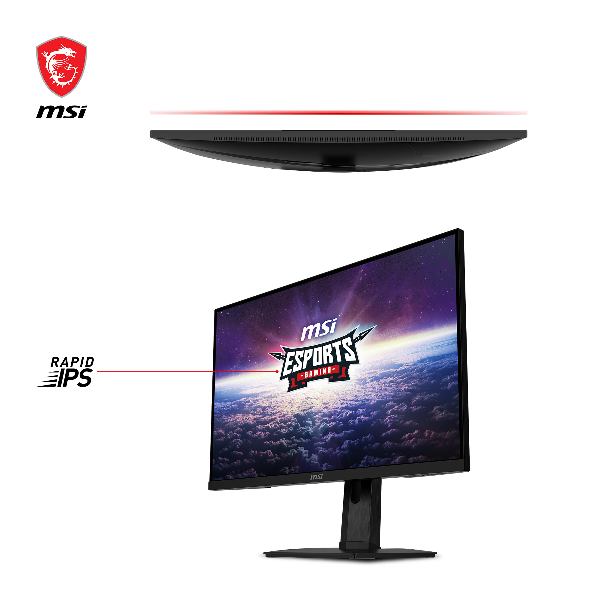 Monitor MSI, vista angolata. Mostra una scena di gioco. Il logo MSI e il testo Rapid IPS sono visibili.