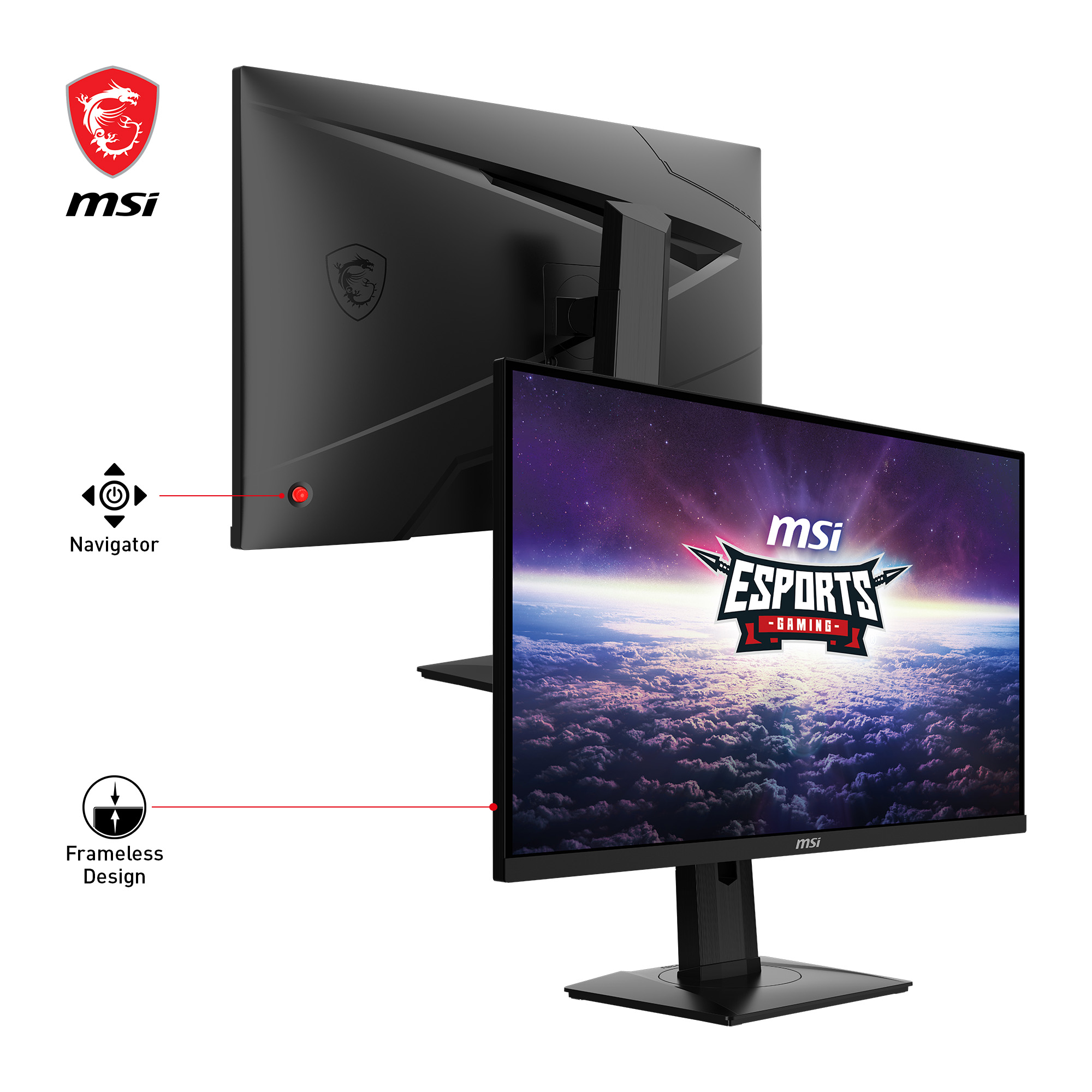 Due monitor per computer, un monitor gaming e una vista posteriore.