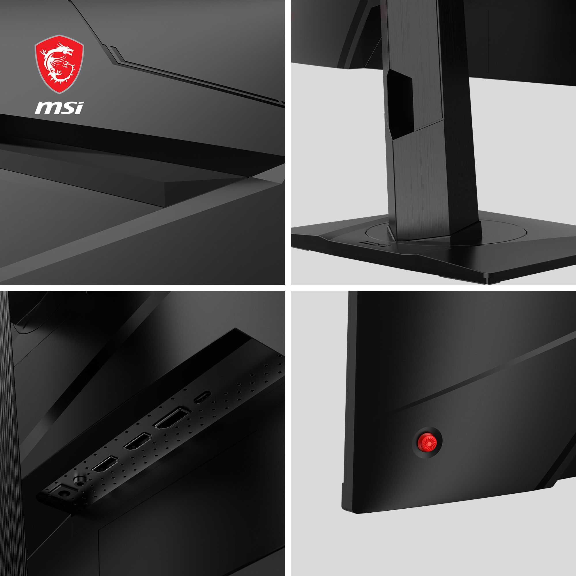 Viste ravvicinate di un monitor MSI nero, che mostra il logo, le porte e la base.
