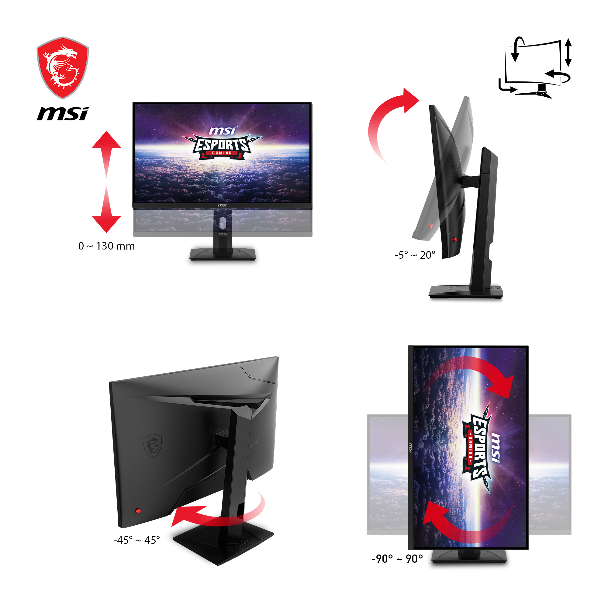 Un monitor con logo MSI, che mostra diverse angolazioni e regolazioni.