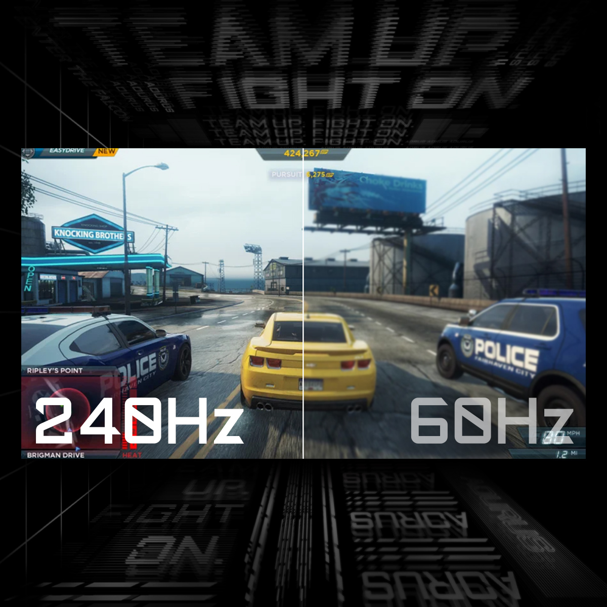Podzielony ekran gry wyścigowej z wyświetlaczami 240Hz i 60Hz oraz nakładką tekstową.