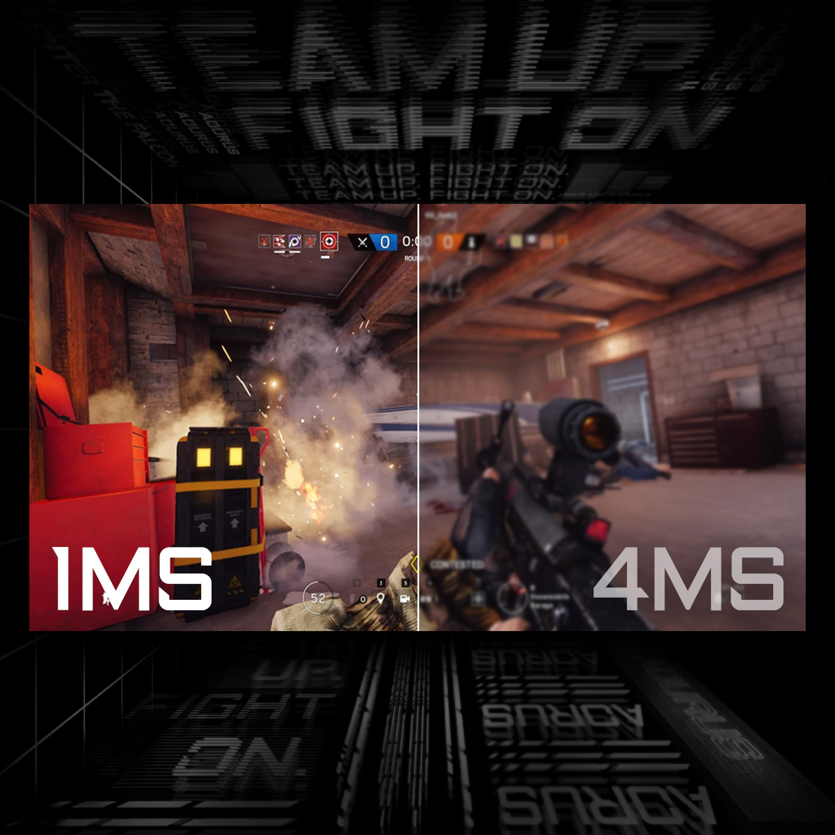 Dwa ekrany pokazują grę. Jeden ekran pokazuje 1MS, drugi 4MS. Gra to strzelanka.