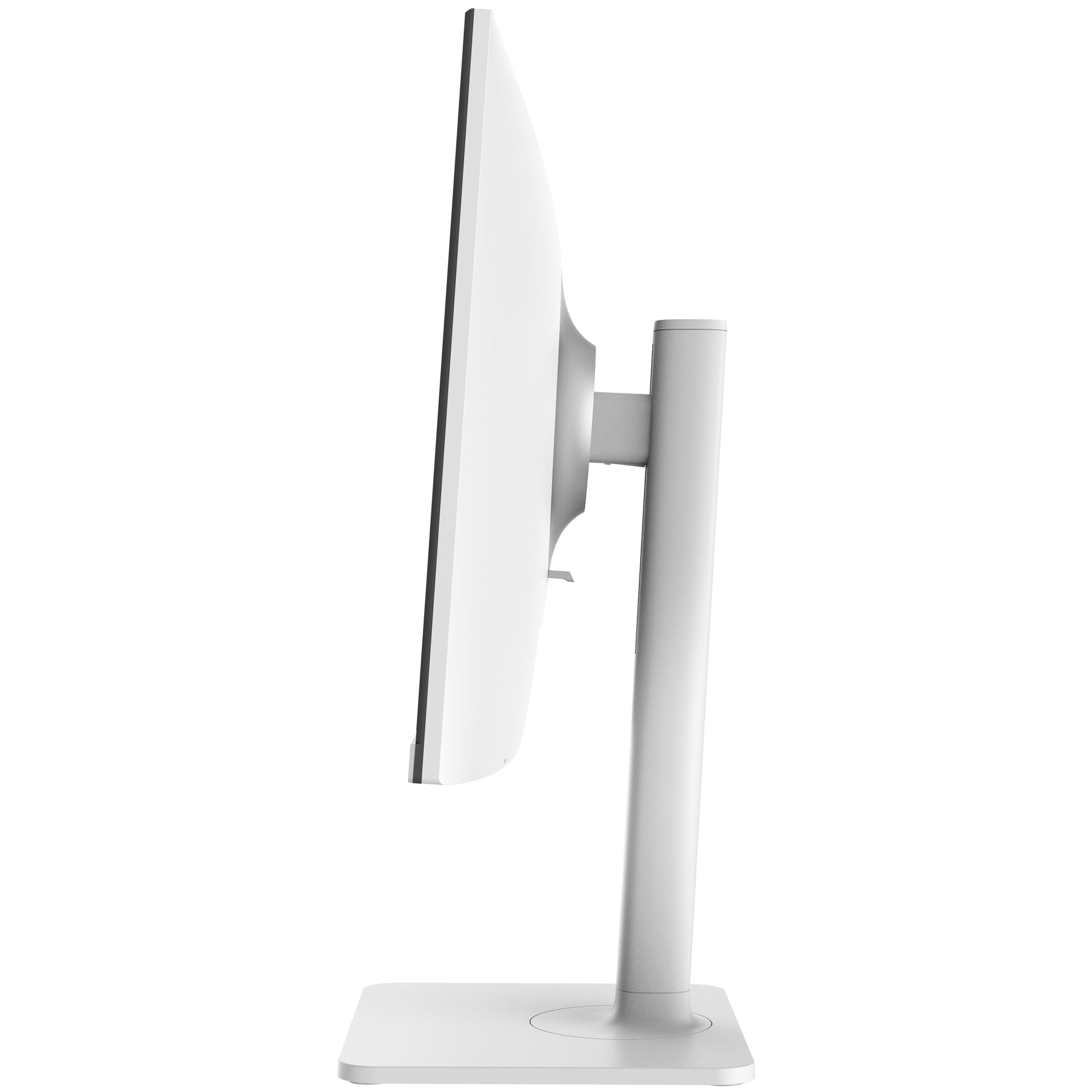 Monitor per computer bianco visto lateralmente. Ha una cornice sottile e un supporto.