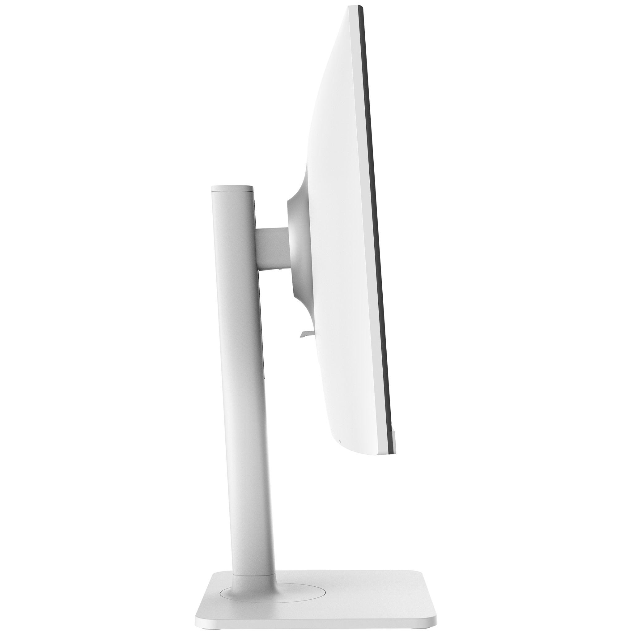 Un monitor bianco visto di lato. Ha un supporto bianco e una cornice nera.