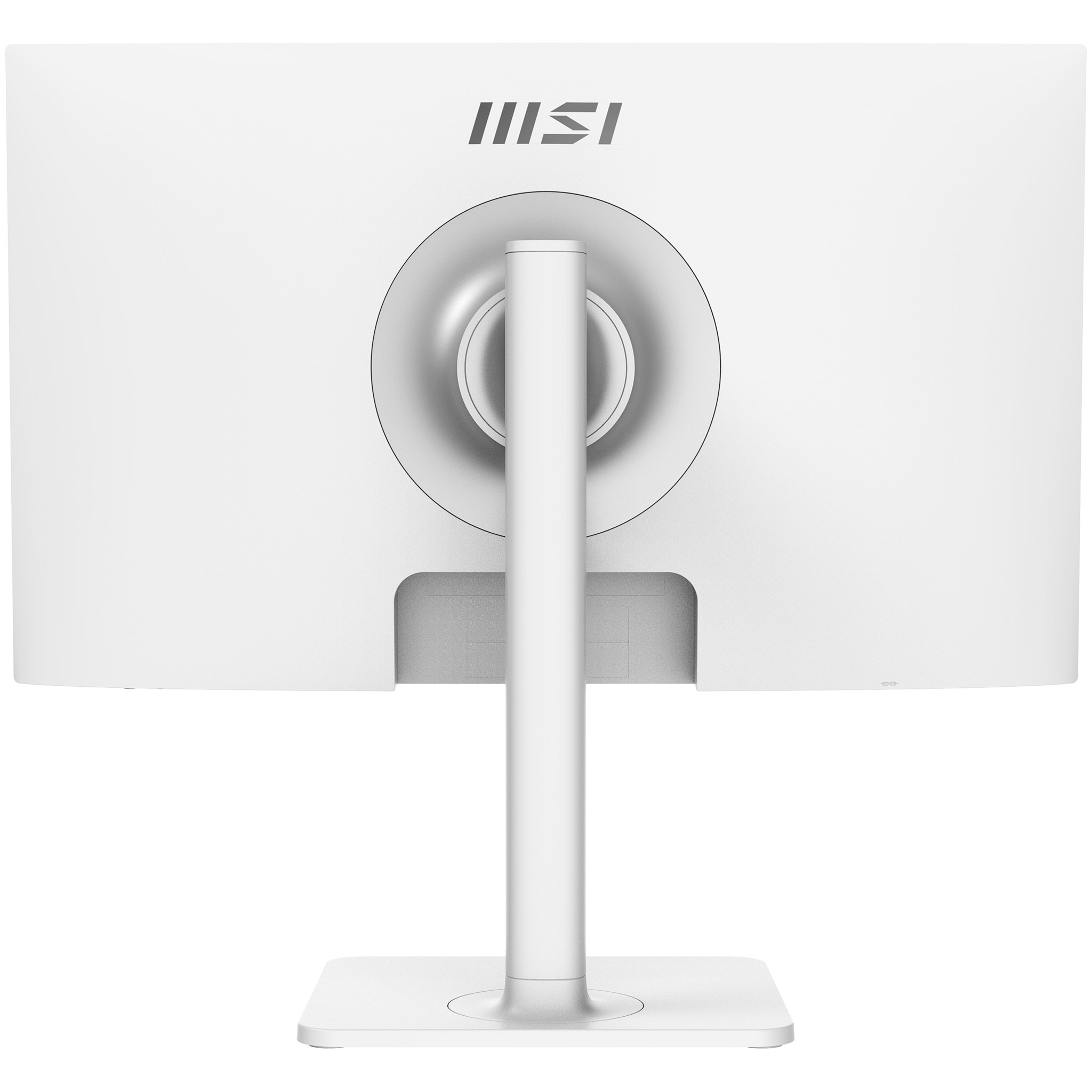 Retro di un monitor MSI bianco con supporto centrale. Il logo MSI è visibile in alto.