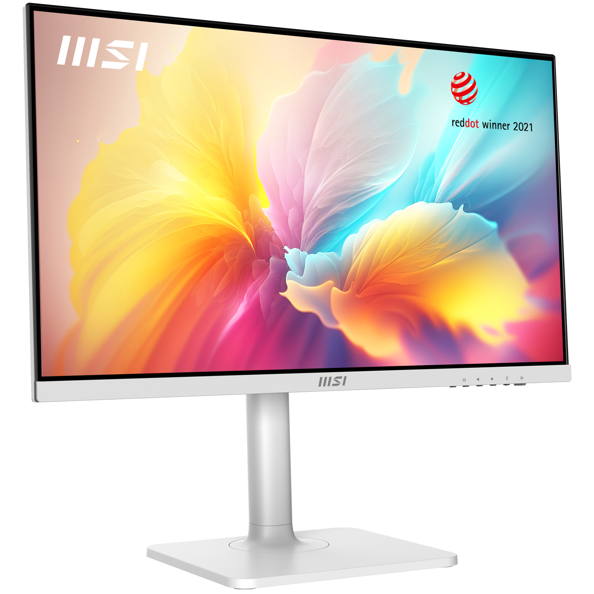 Monitor del computer bianco con un'immagine astratta colorata. Lo schermo ha un logo Red Dot Winner.