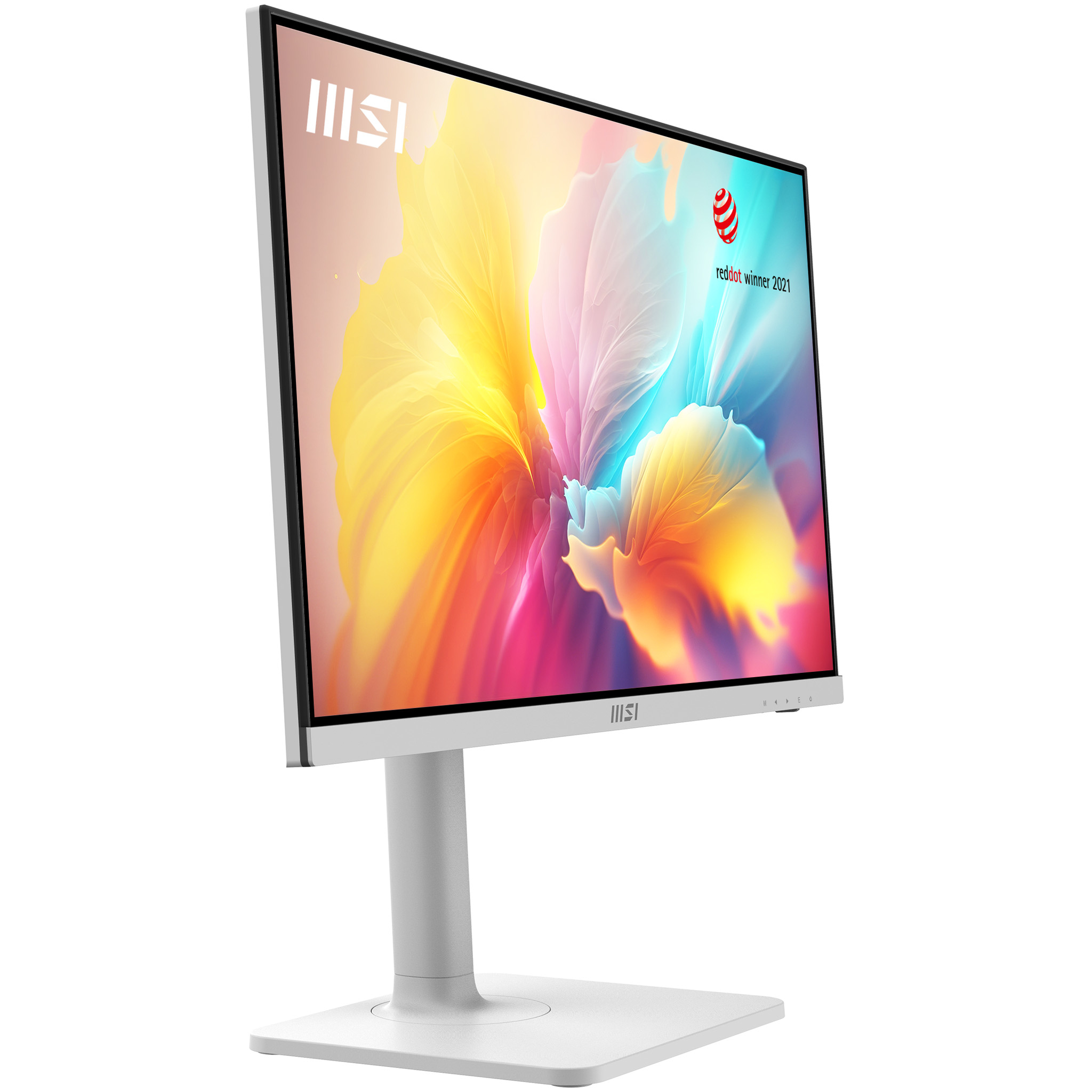 Monitor per computer bianco. Ha un display colorato e un punto rosso sulla cornice.