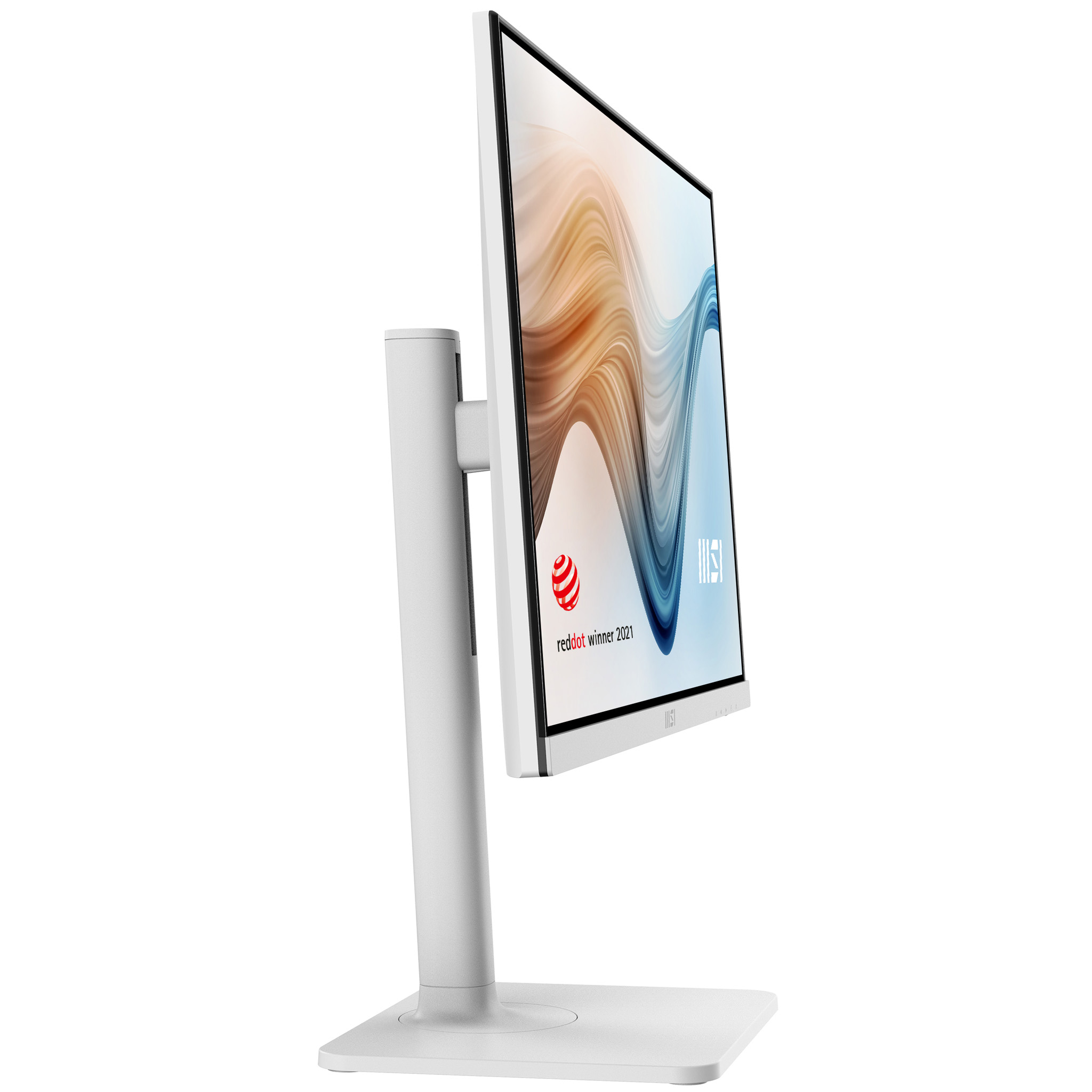 Monitor MSI bianco con schermo curvo, premio Red Dot. Supporto bianco.