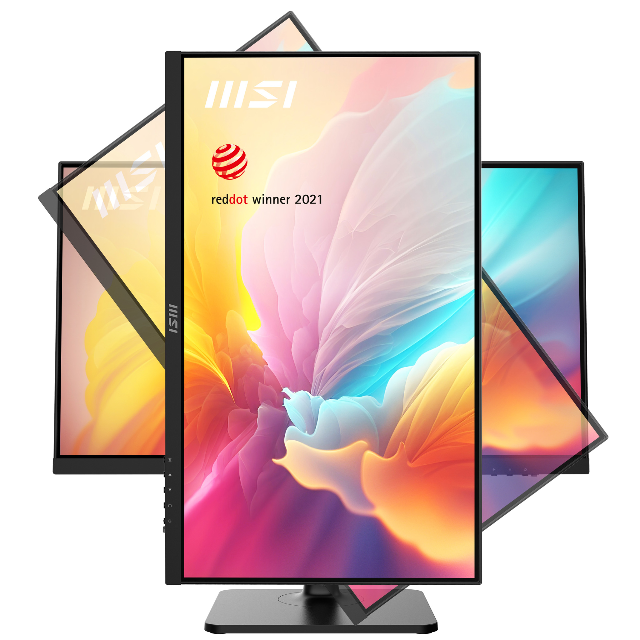 MSI-Monitor mit farbenfrohen Grafiken. Der Monitor ist von anderen Monitoren in einem Winkel umgeben.