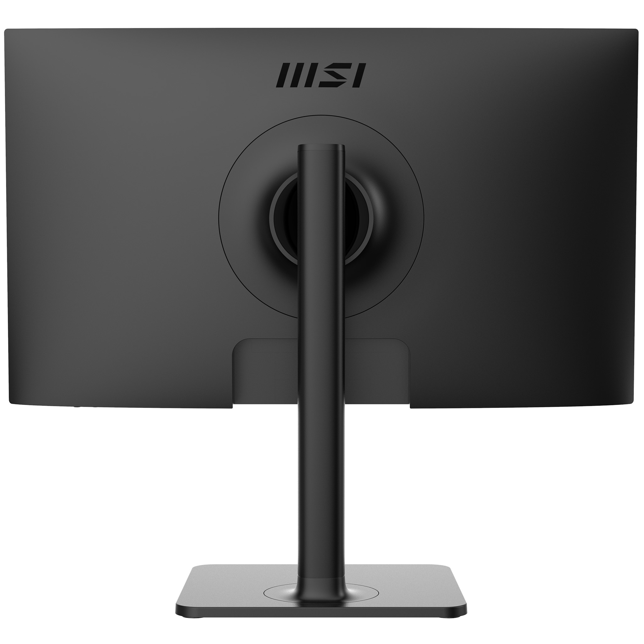 Rückansicht eines schwarzen Monitors mit Ständer, MSI-Logo.