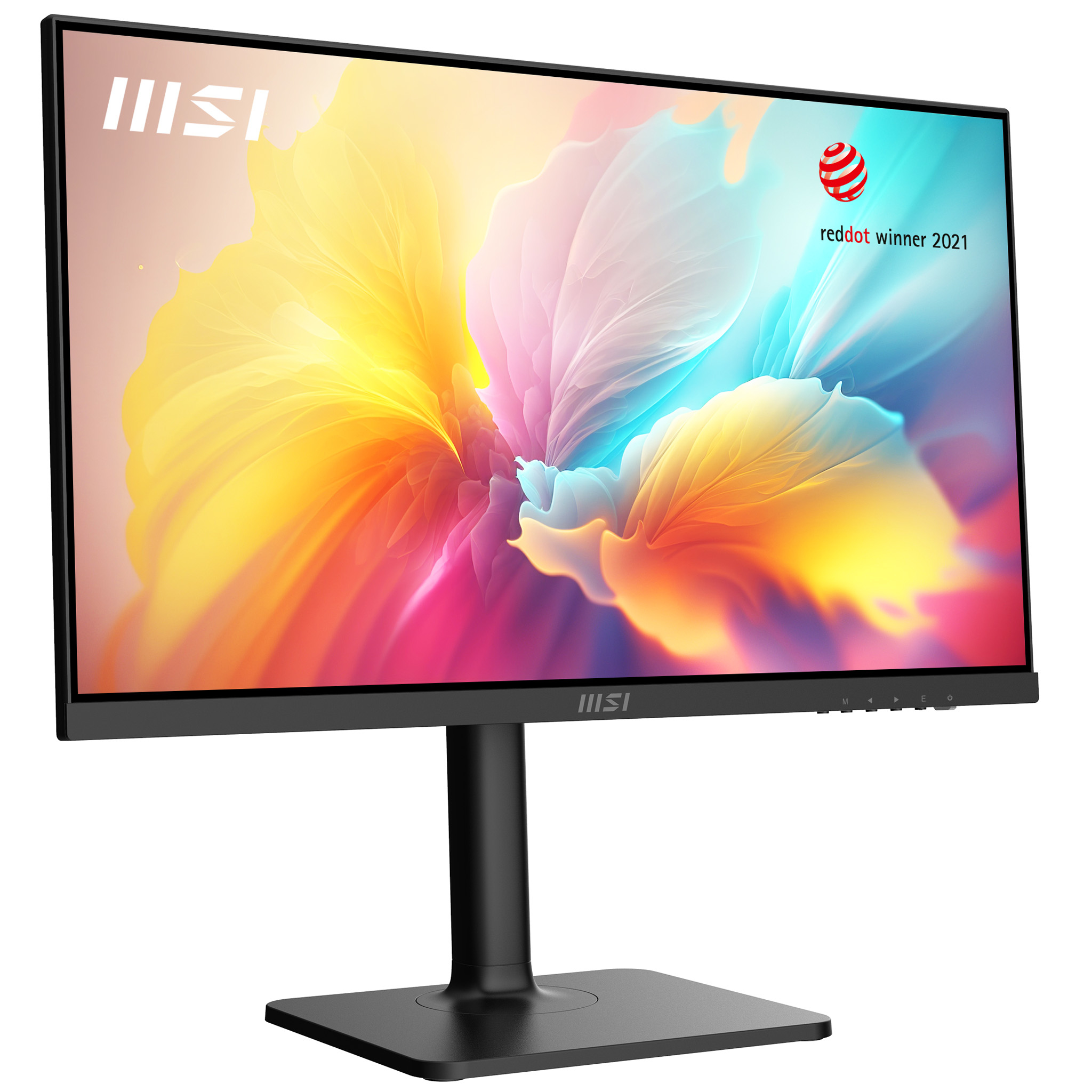 MSI-Monitor mit farbenfrohem Hintergrund und Red Dot Award. Der Bildschirm ist an.