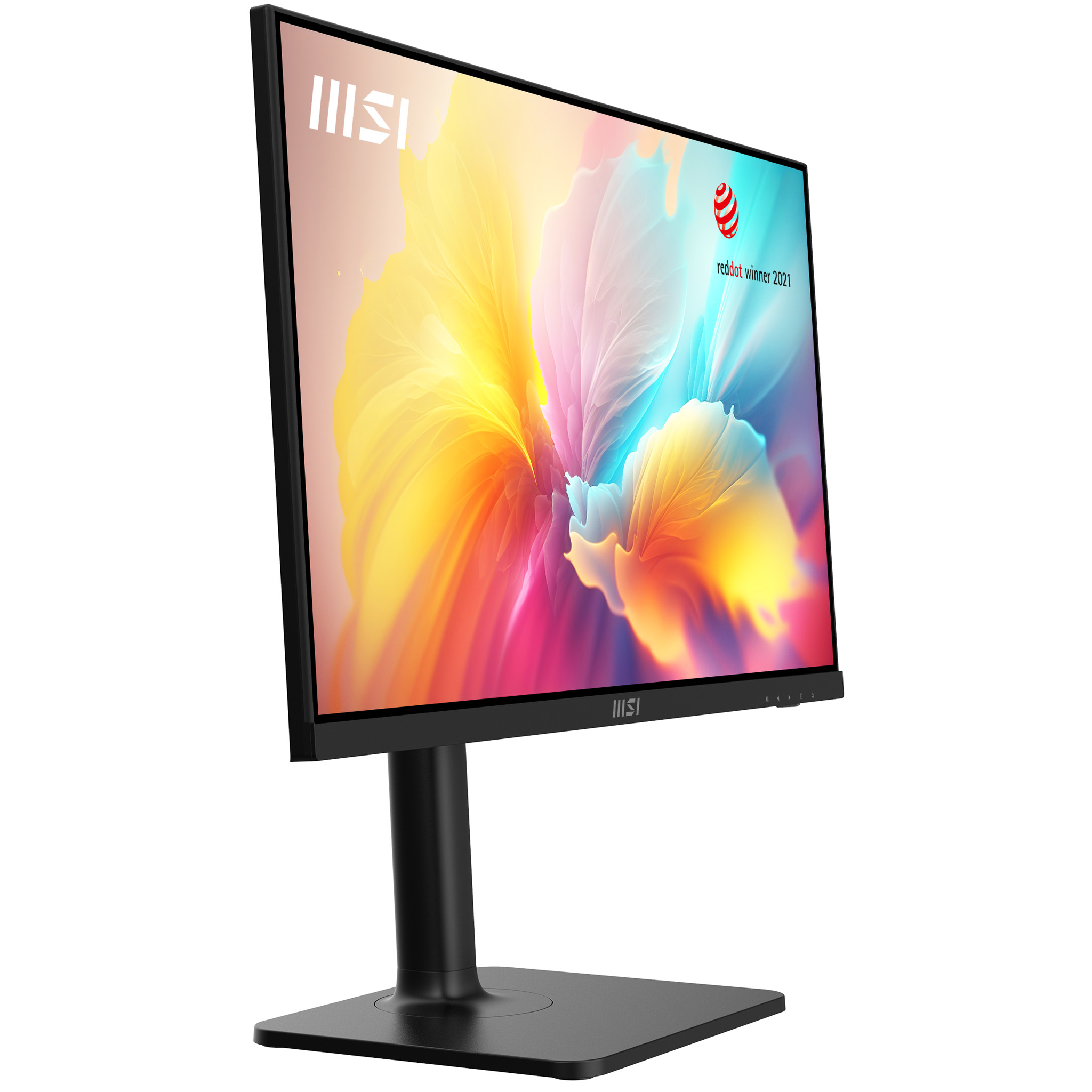 MSI-Monitor mit farbenfrohem Bild. Er steht auf einem schwarzen Ständer und hat eine Auszeichnung.