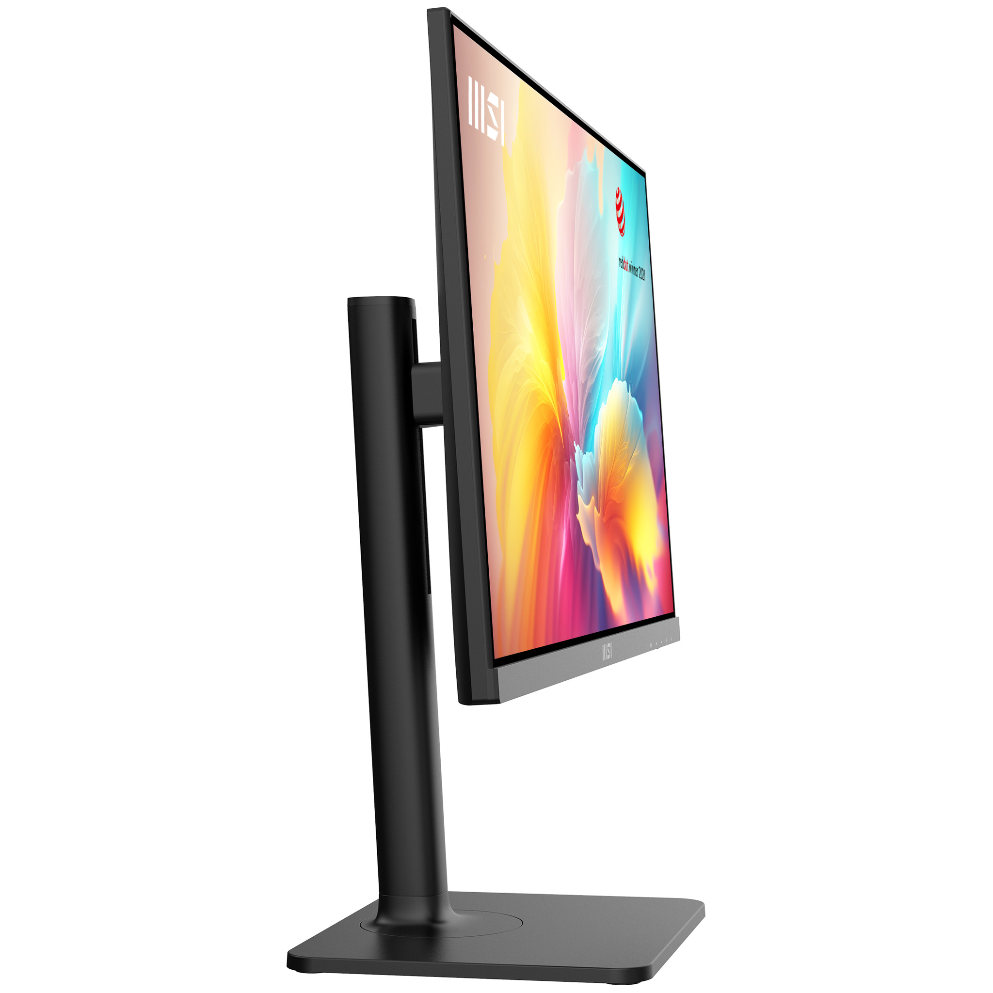 MSI-Monitor von der Seite, schwarz, mit farbenfrohem Bild auf dem Bildschirm, auf schwarzem Ständer, rote Akzente.