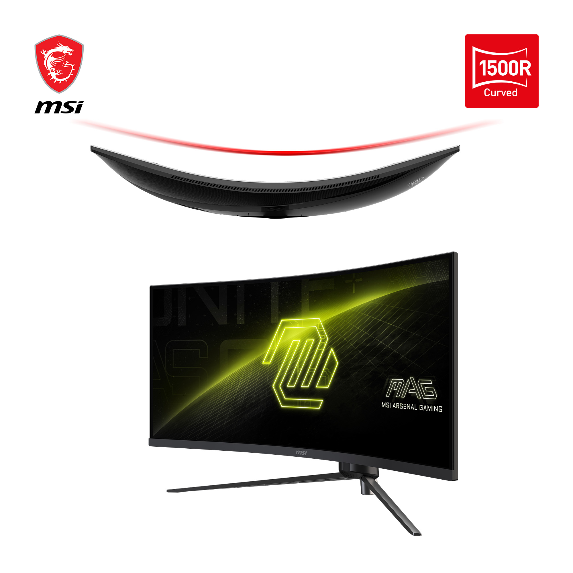 Zakrzywiony monitor MSI z logo smoka. Monitor wyświetla logo i czerwoną krzywą linię.