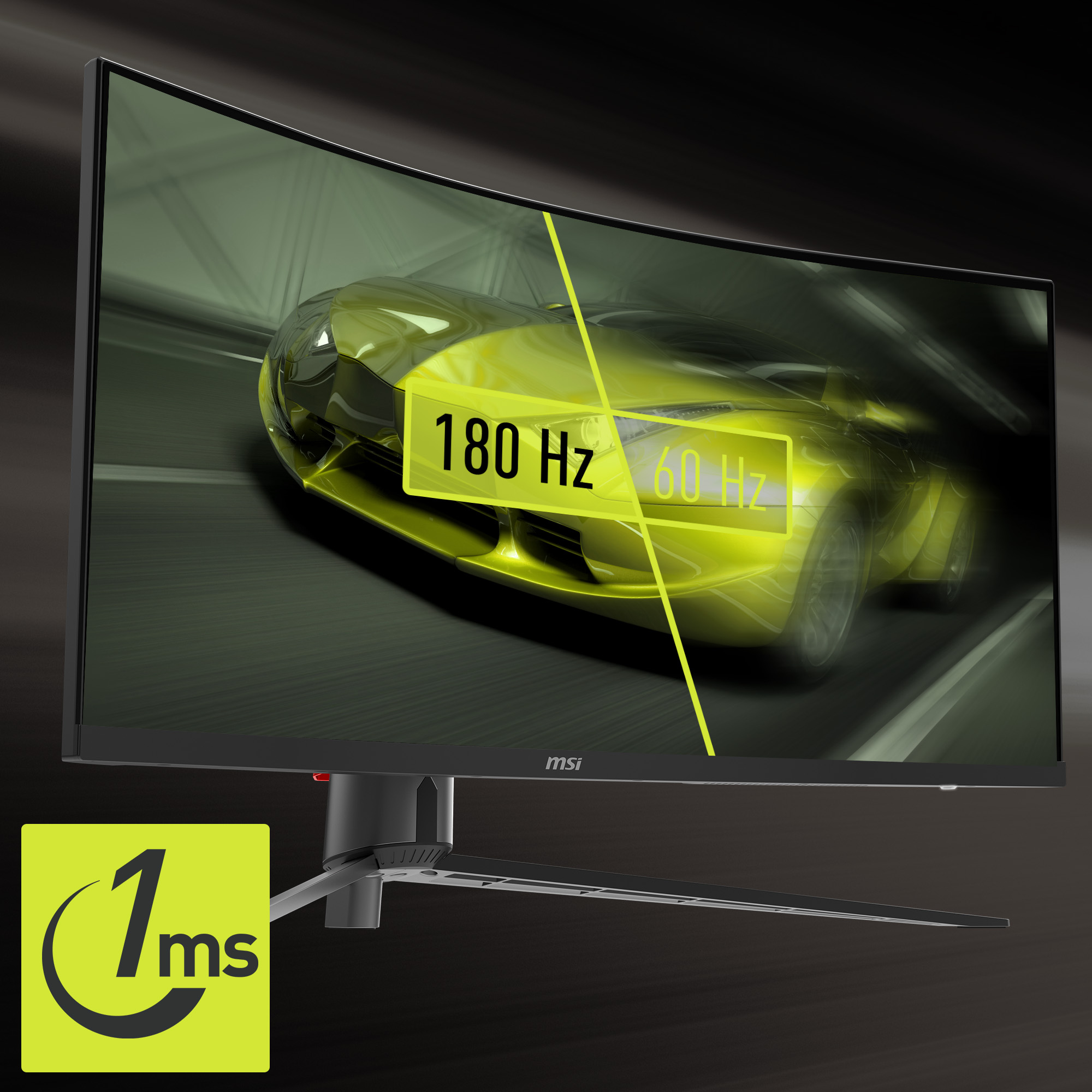 Zakrzywiony monitor z żółtą grafiką samochodu. Wyświetlacz pokazuje 180 Hz i 60 Hz.