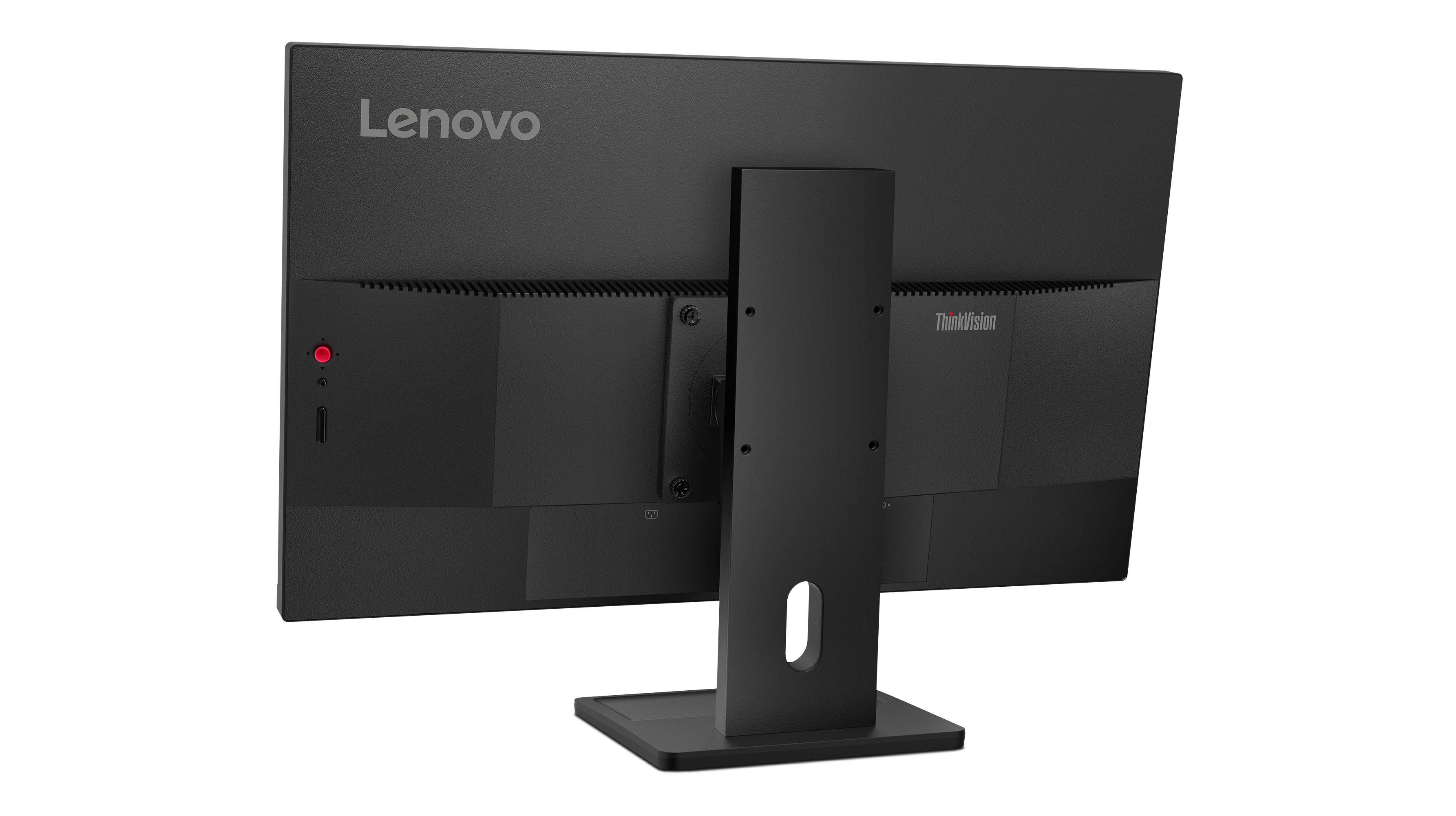 Tył czarnego monitora Lenovo z logo ThinkVision na białym tle.