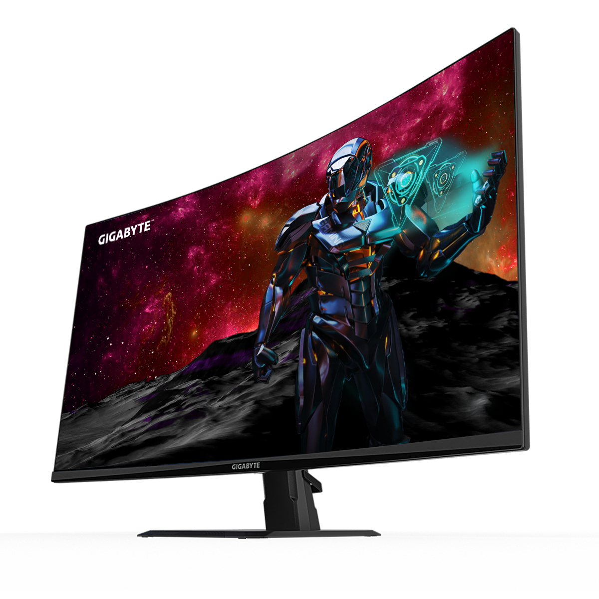 Monitor curvo mostrando una escena espacial con un personaje futurista.