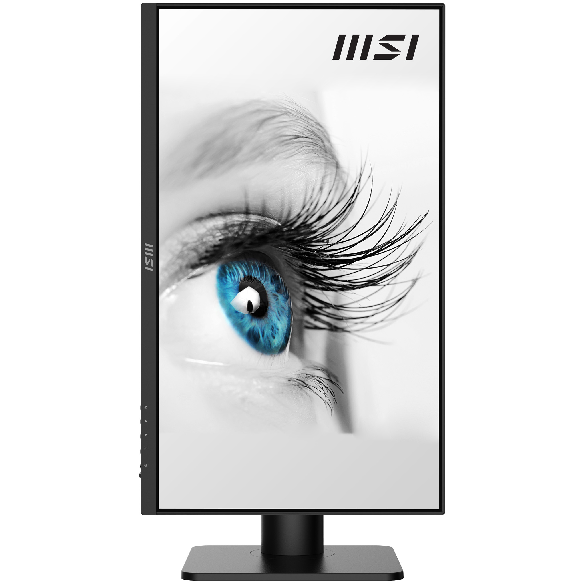 Monitor de computadora negro que muestra un primer plano de un ojo azul con largas pestañas. El logotipo de la marca es visible.