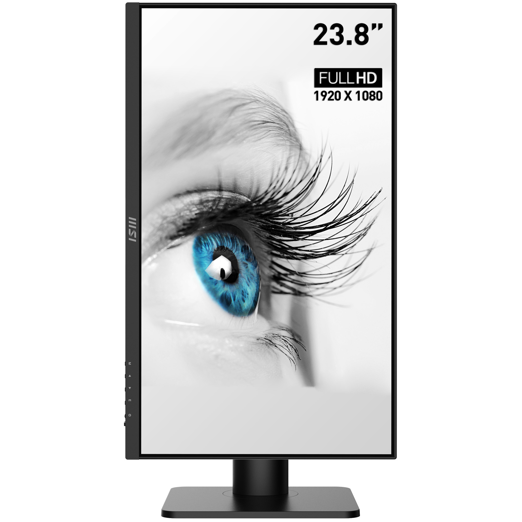 Monitor mostrando un primer plano de un ojo azul con largas pestañas. Marco y soporte negro. Texto: 23.8" FULL HD.