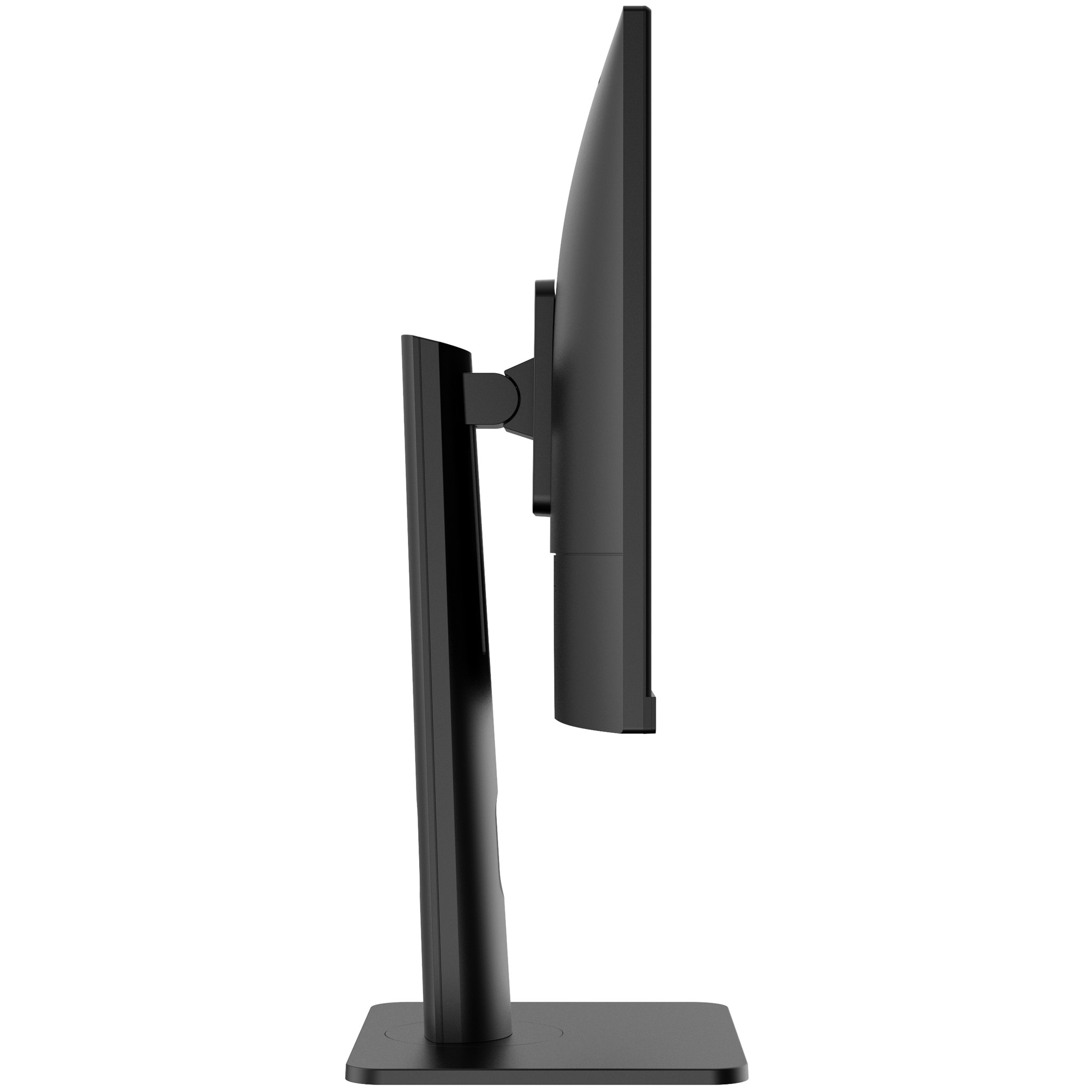 Un monitor de computadora negro desde un lado. Está sobre un soporte negro.