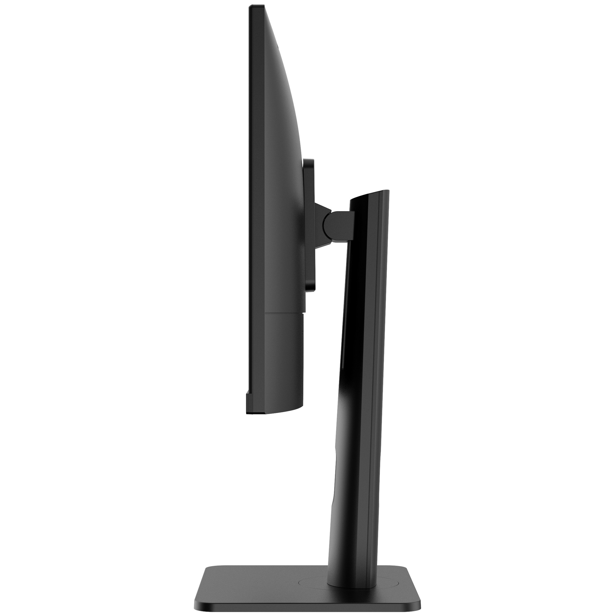 Una vista lateral de un monitor negro con un soporte.