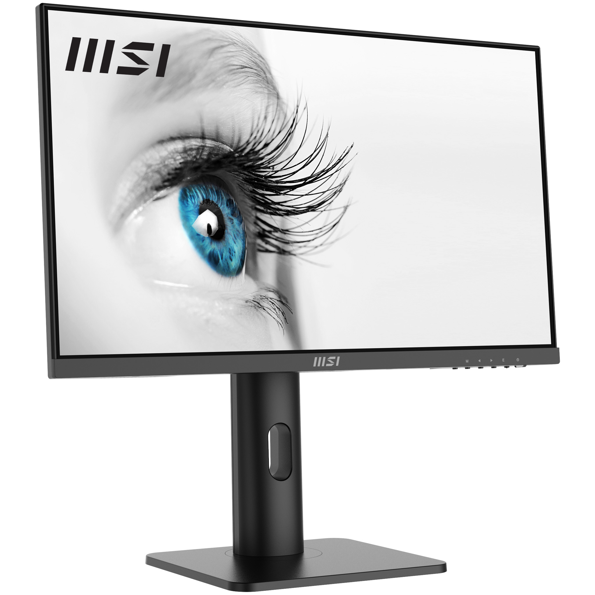 Un monitor de computadora muestra un primer plano de un ojo con iris azul. El soporte es negro.
